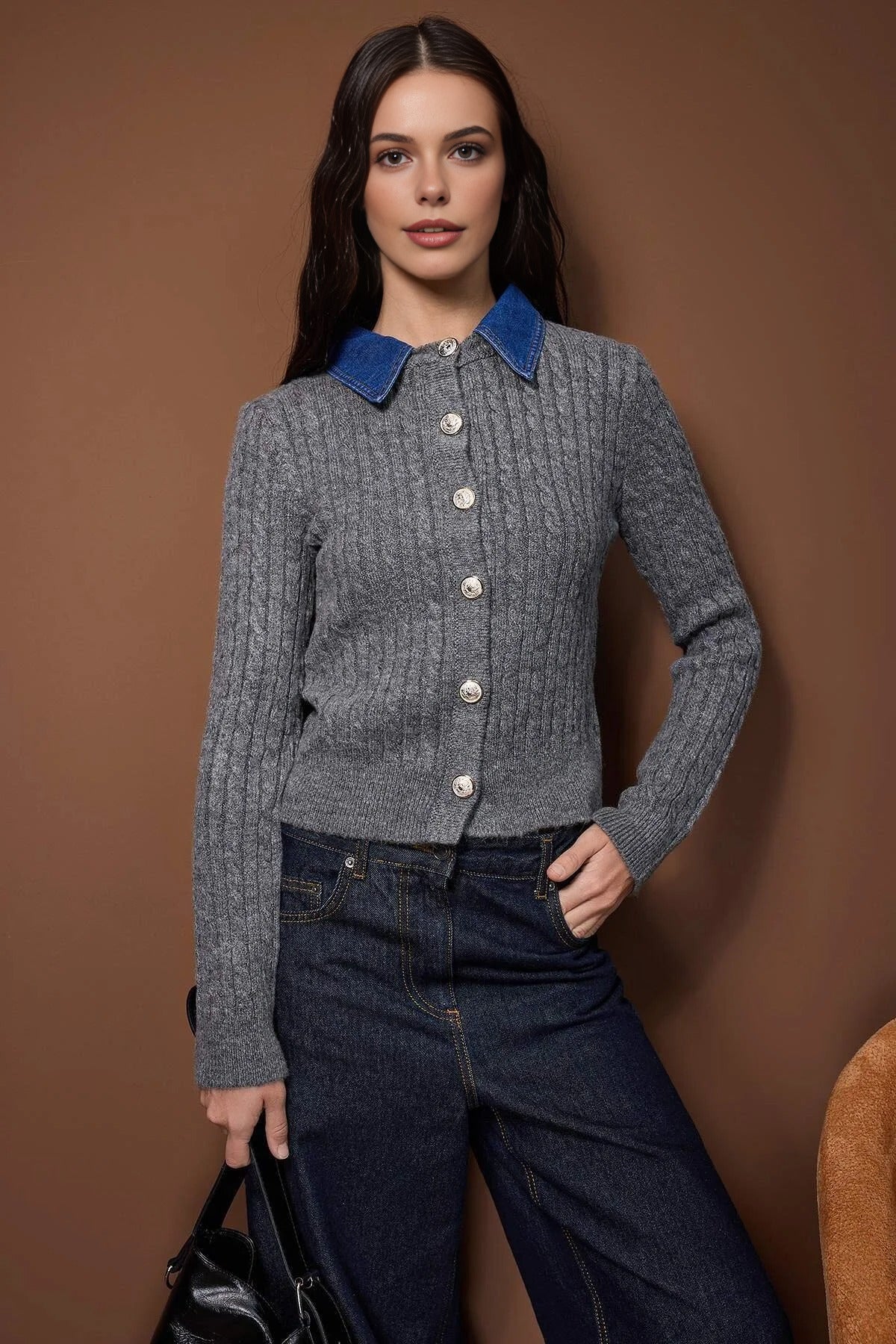 Hair Knit Sweater Cardigan Denim Garnish