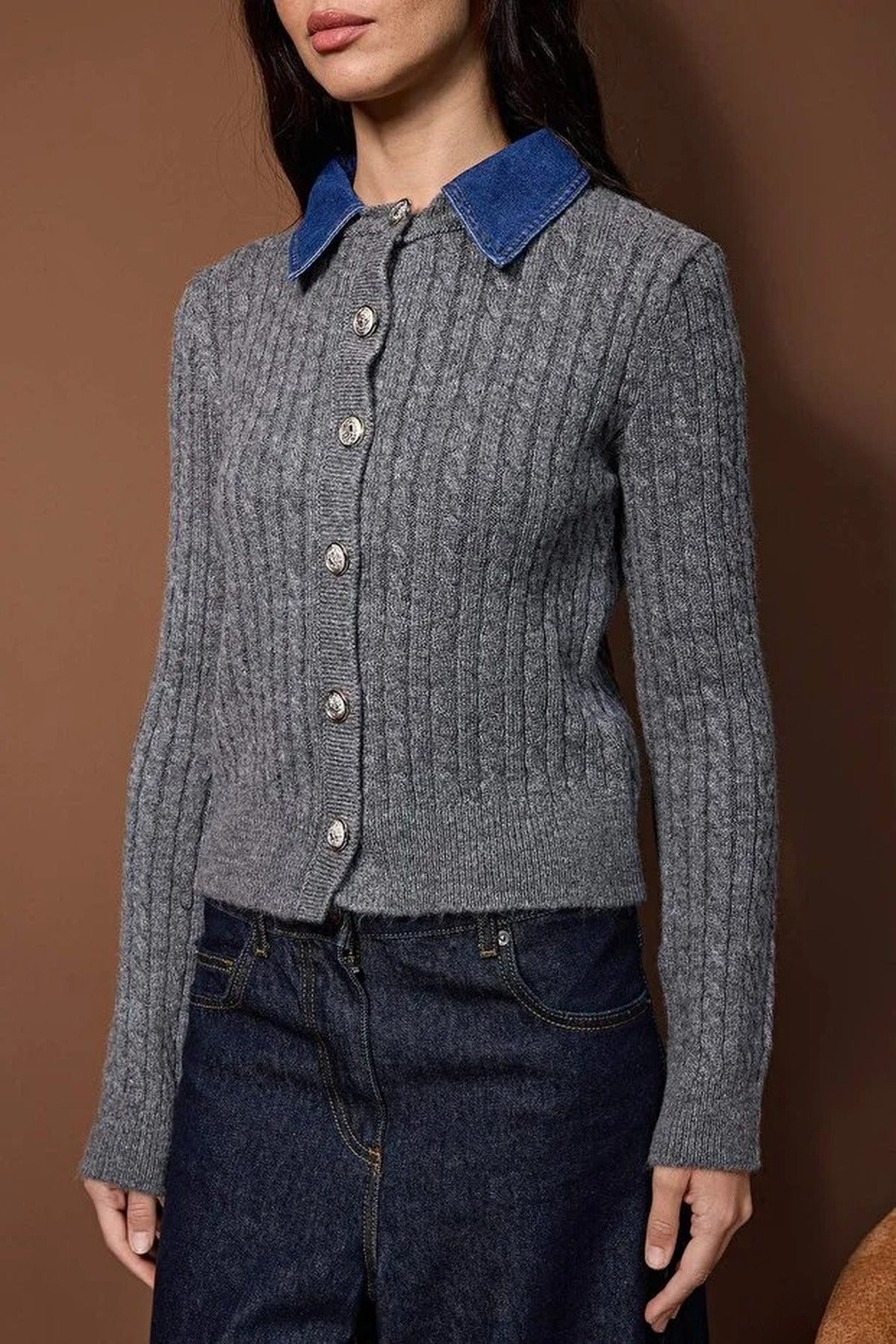 Hair Knit Sweater Cardigan Denim Garnish