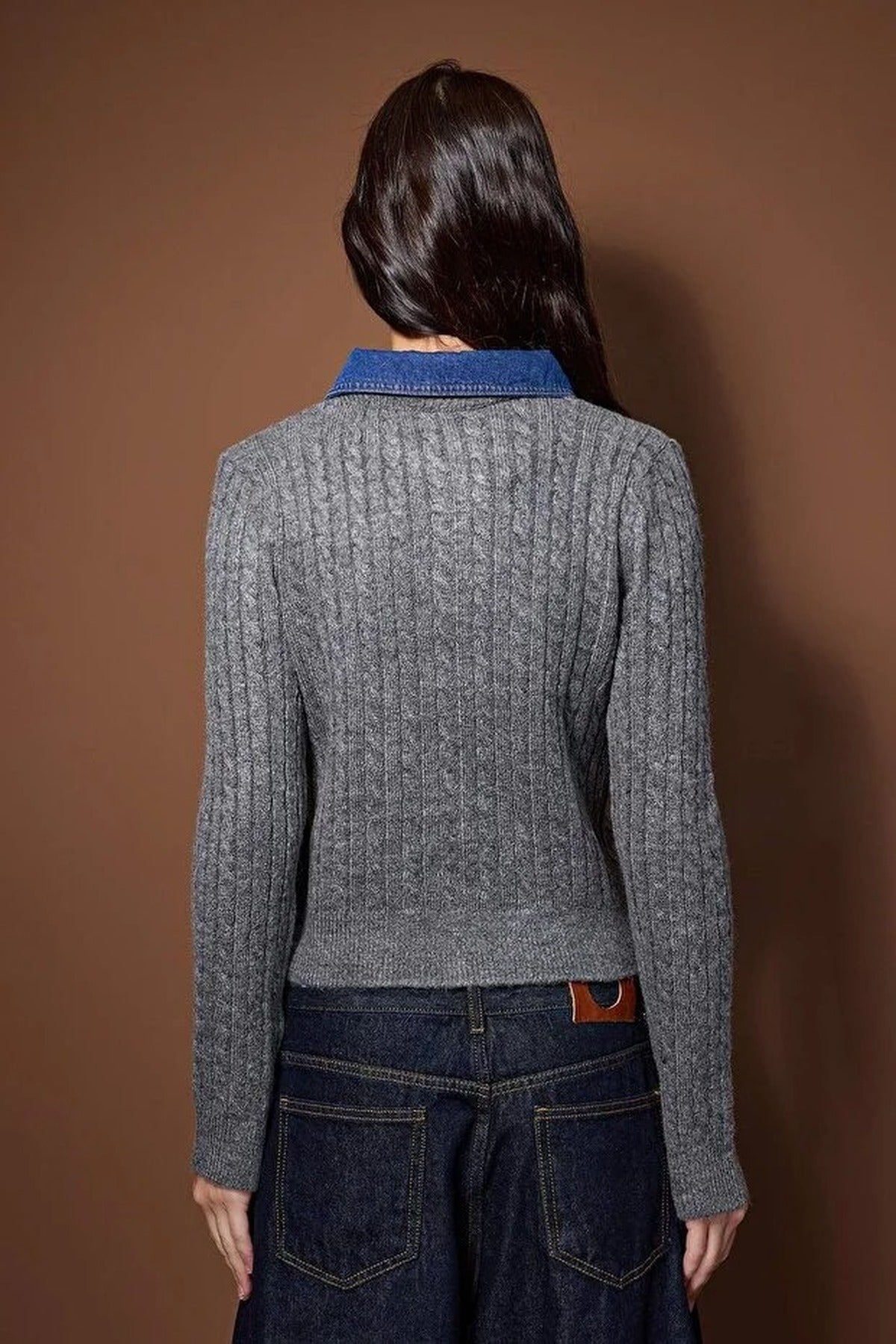Hair Knit Sweater Cardigan Denim Garnish