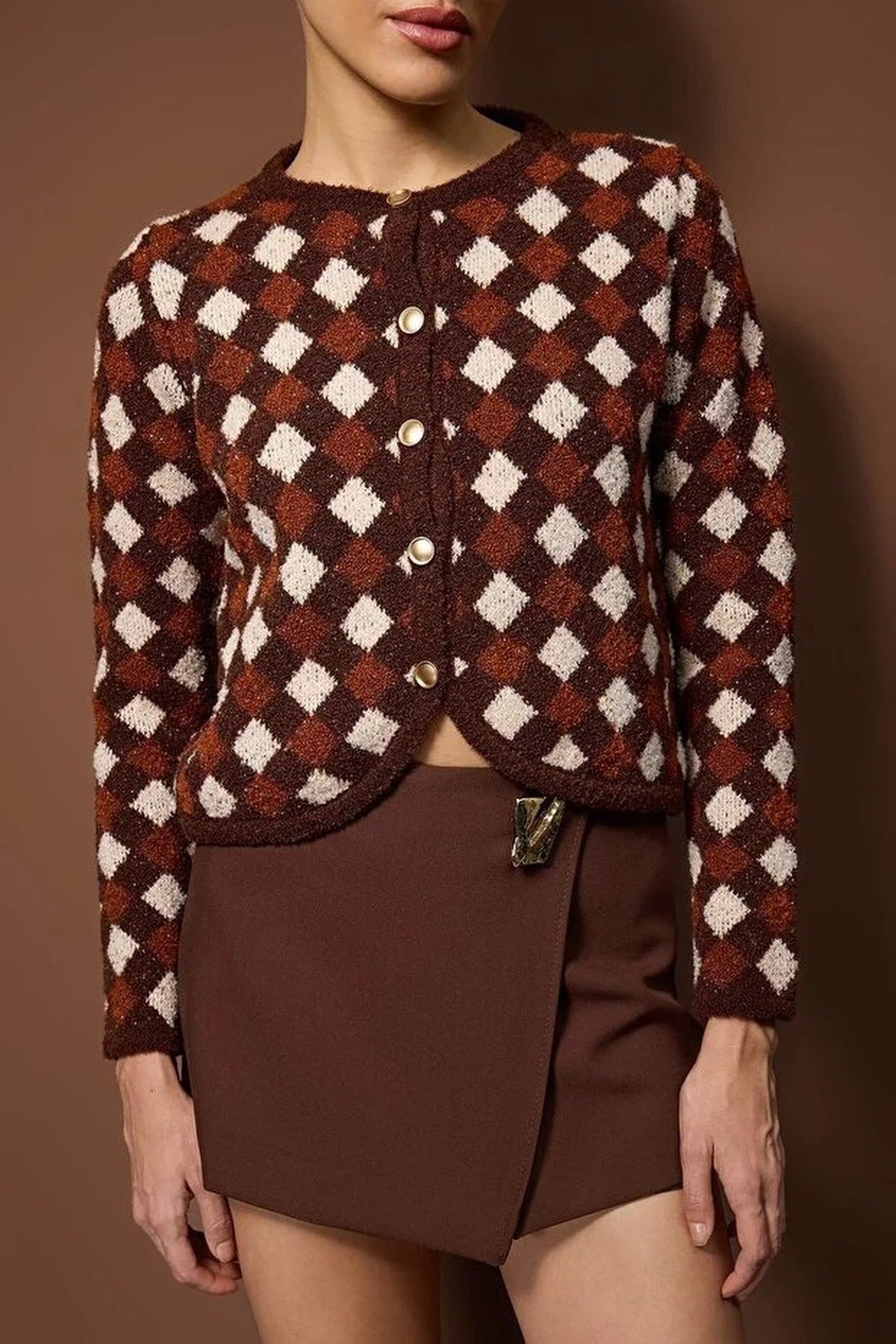 Argyle Patterned Crew Neck Crop Knit Cardigan