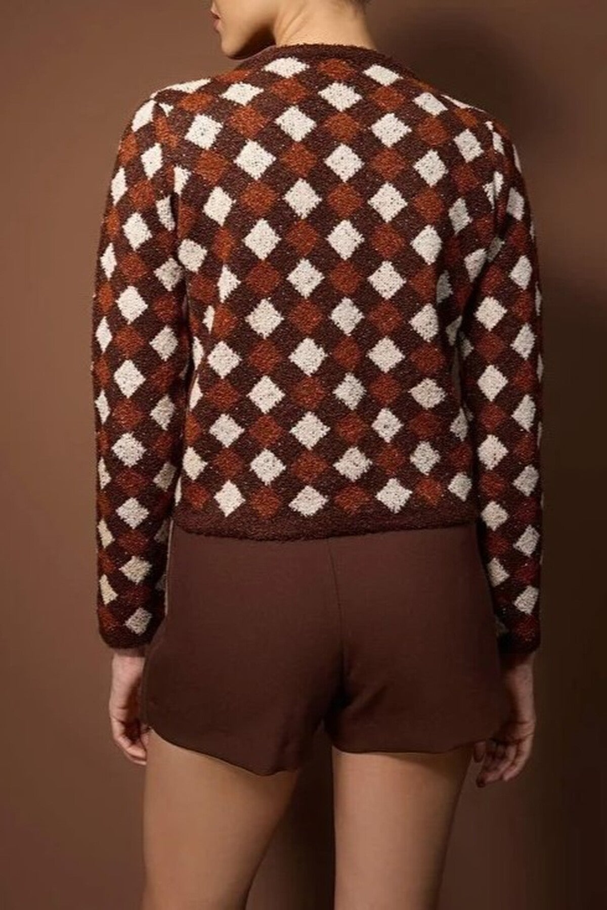 Argyle Patterned Crew Neck Crop Knit Cardigan