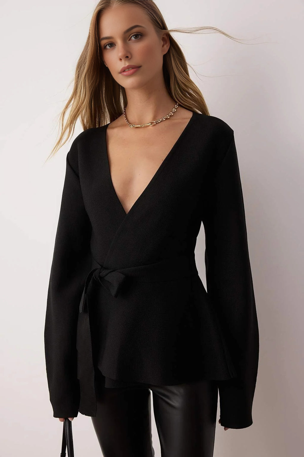 Double-Breasted Knit Cardigan with Tie Detail