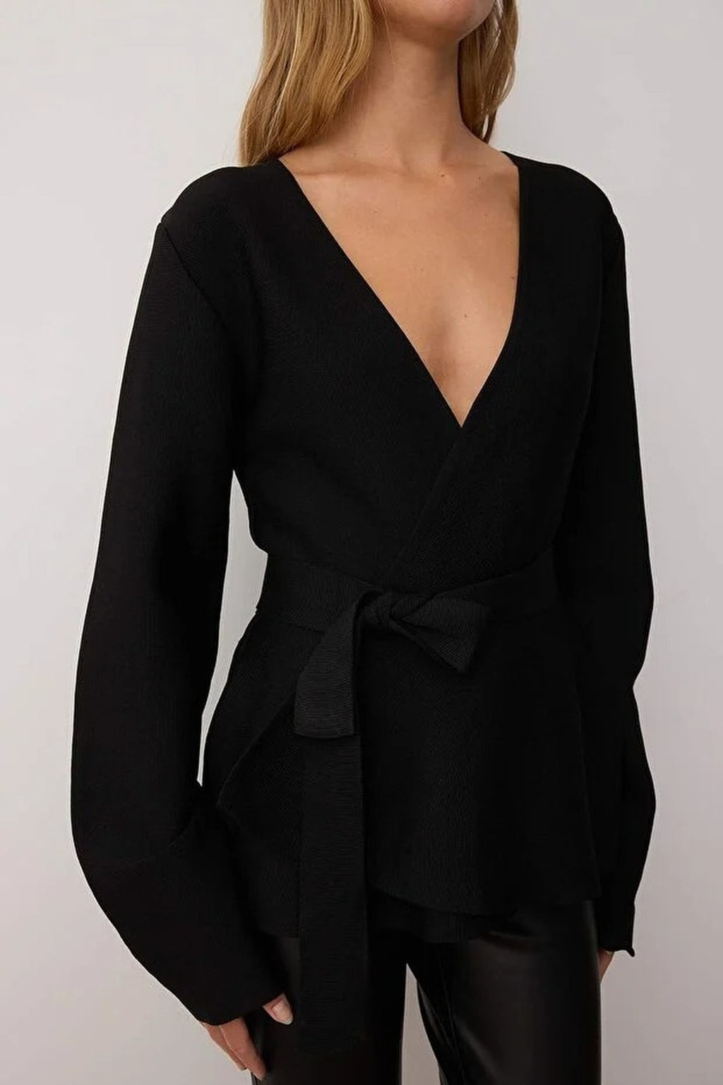 Double-Breasted Knit Cardigan with Tie Detail