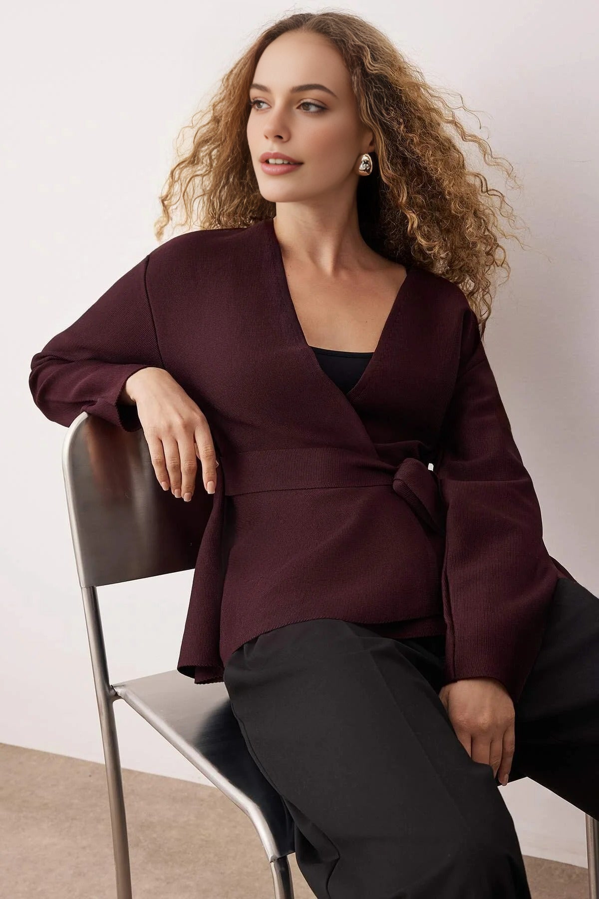 Double-Breasted Knit Cardigan with Tie Detail