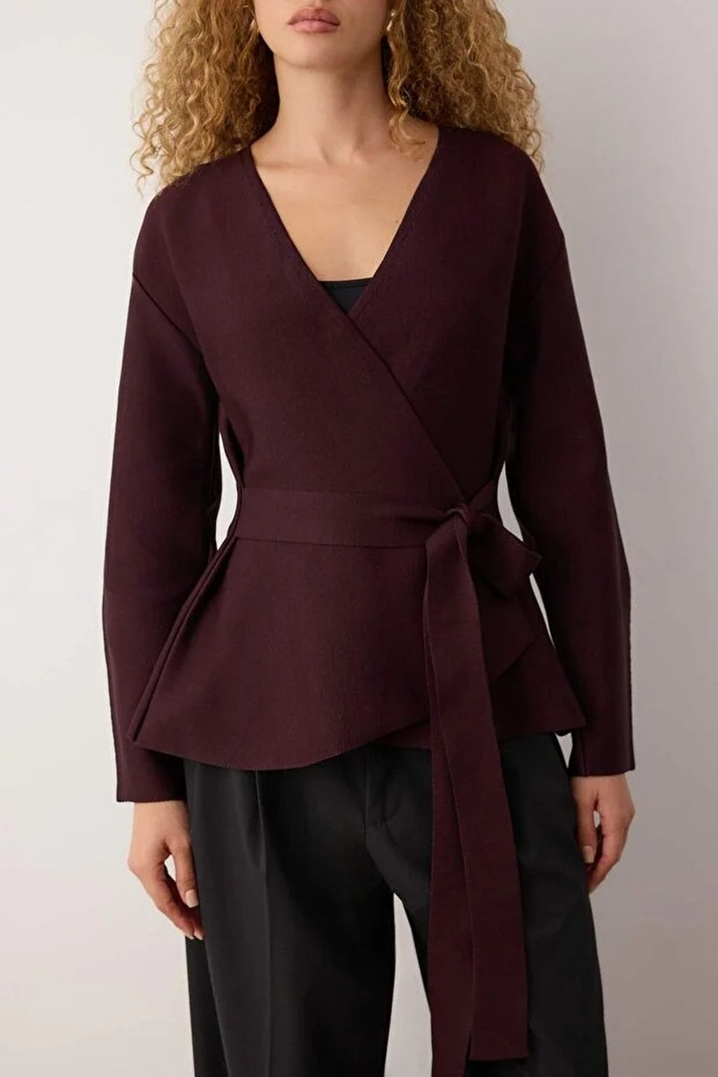 Double-Breasted Knit Cardigan with Tie Detail