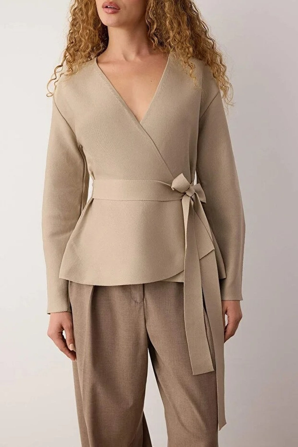 Double-Breasted Knit Cardigan with Tie Detail