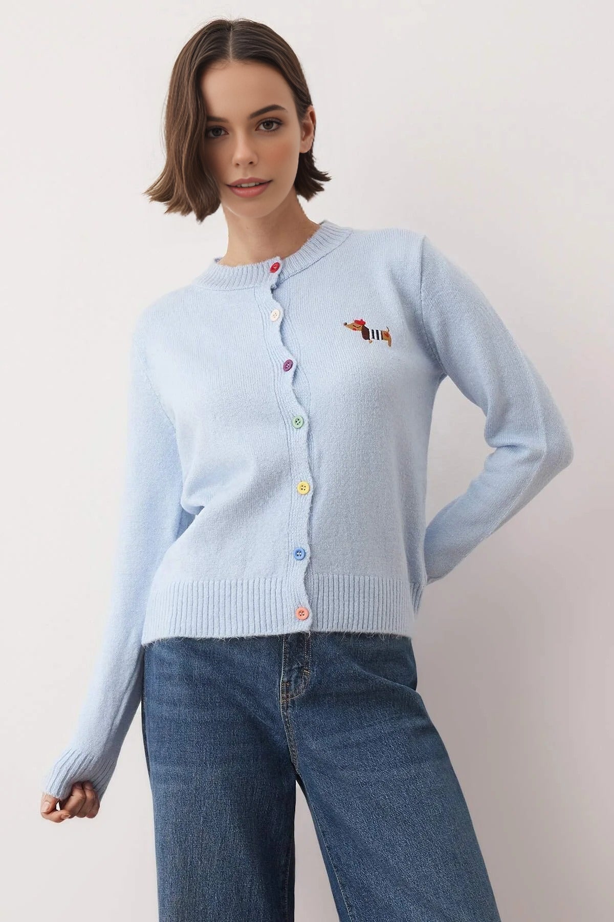 Crew Neck Soft Textured Dog Embroidered Knitwear Cardigan