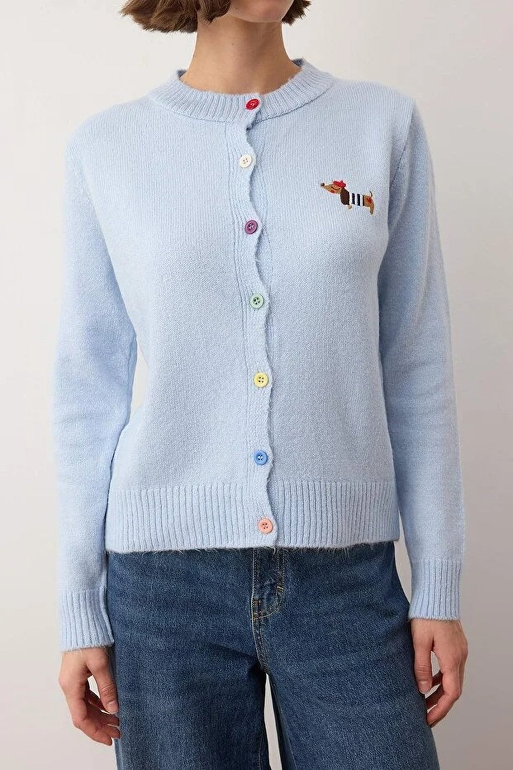 Crew Neck Soft Textured Dog Embroidered Knitwear Cardigan