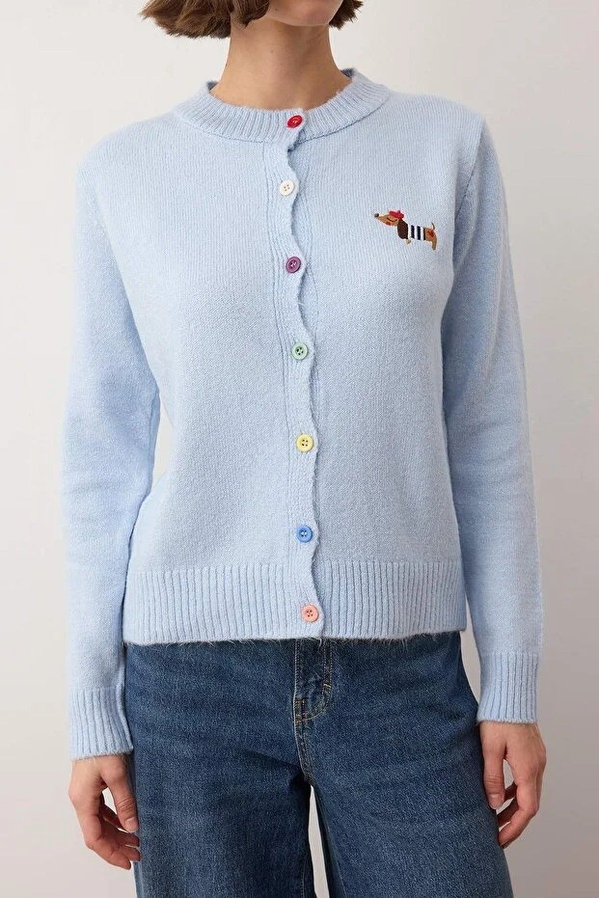 Crew Neck Soft Textured Dog Embroidered Knitwear Cardigan