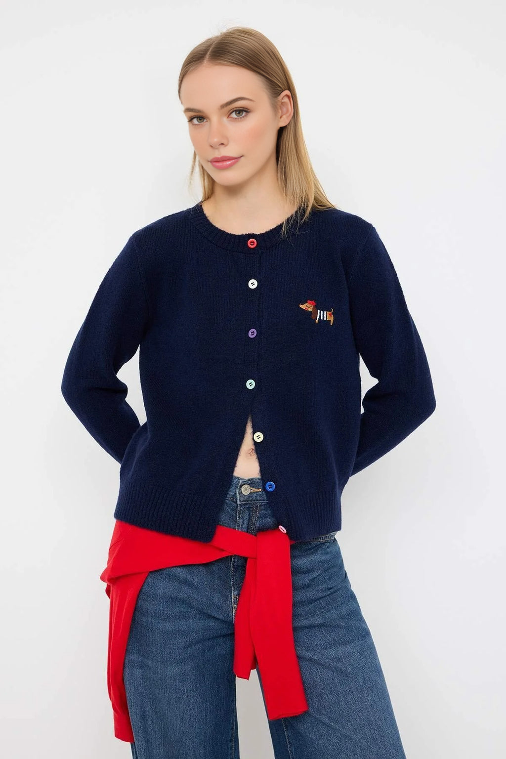 Crew Neck Soft Textured Dog Embroidered Knitwear Cardigan