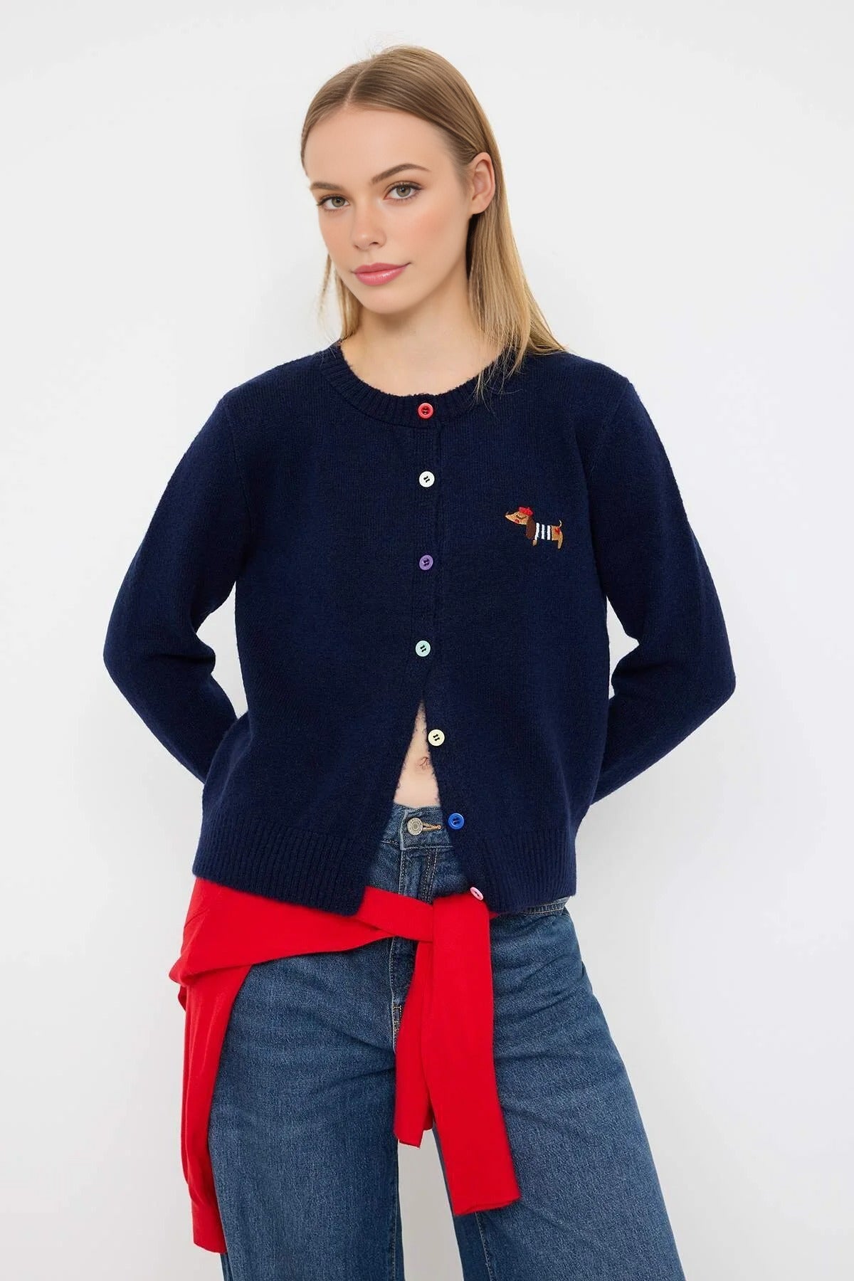 Crew Neck Soft Textured Dog Embroidered Knitwear Cardigan