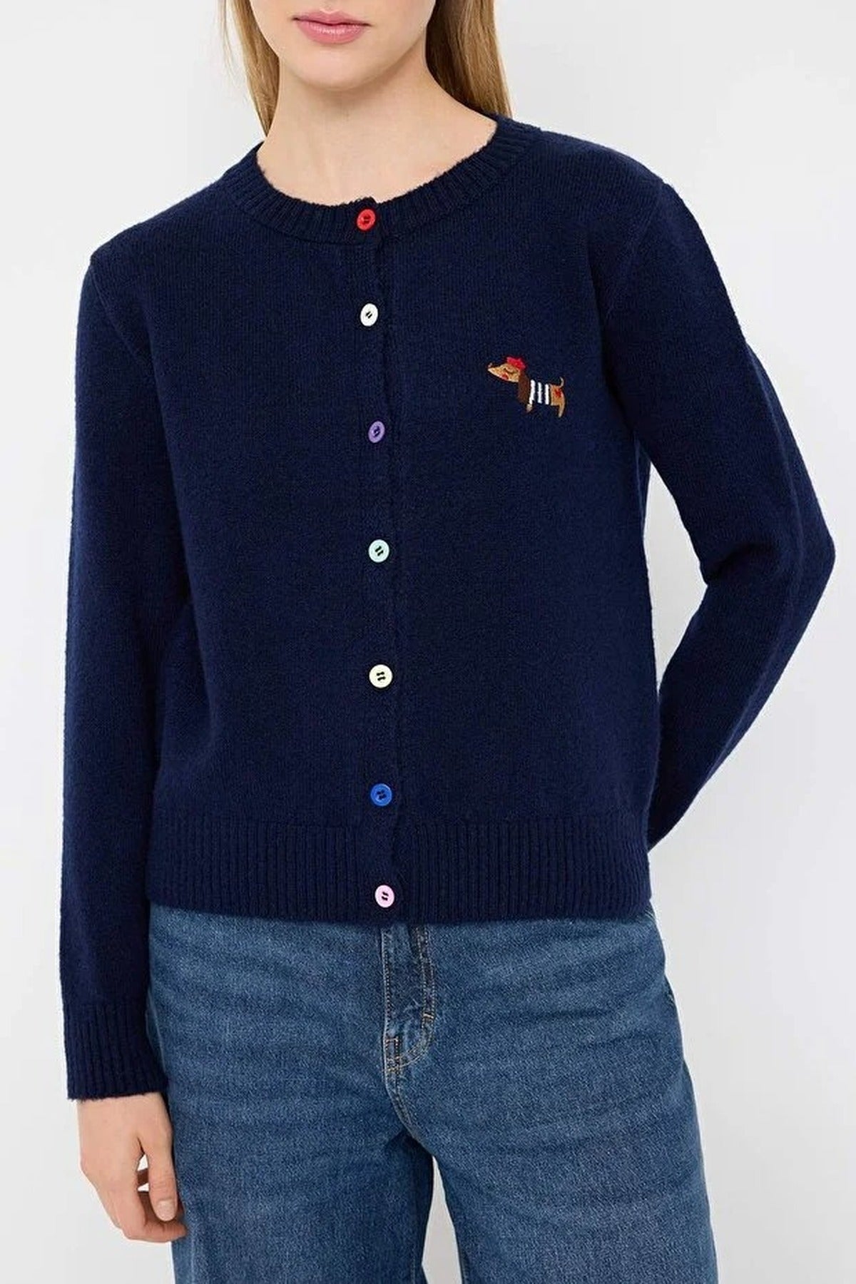 Crew Neck Soft Textured Dog Embroidered Knitwear Cardigan