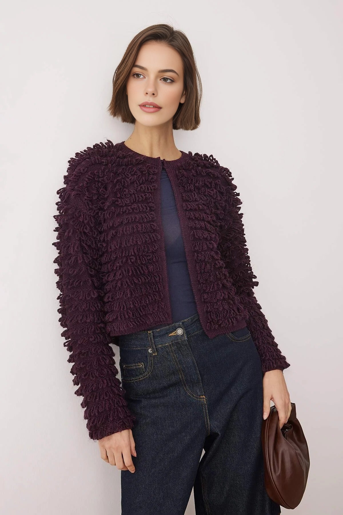 Crew Neck Textured Knit Cardigan