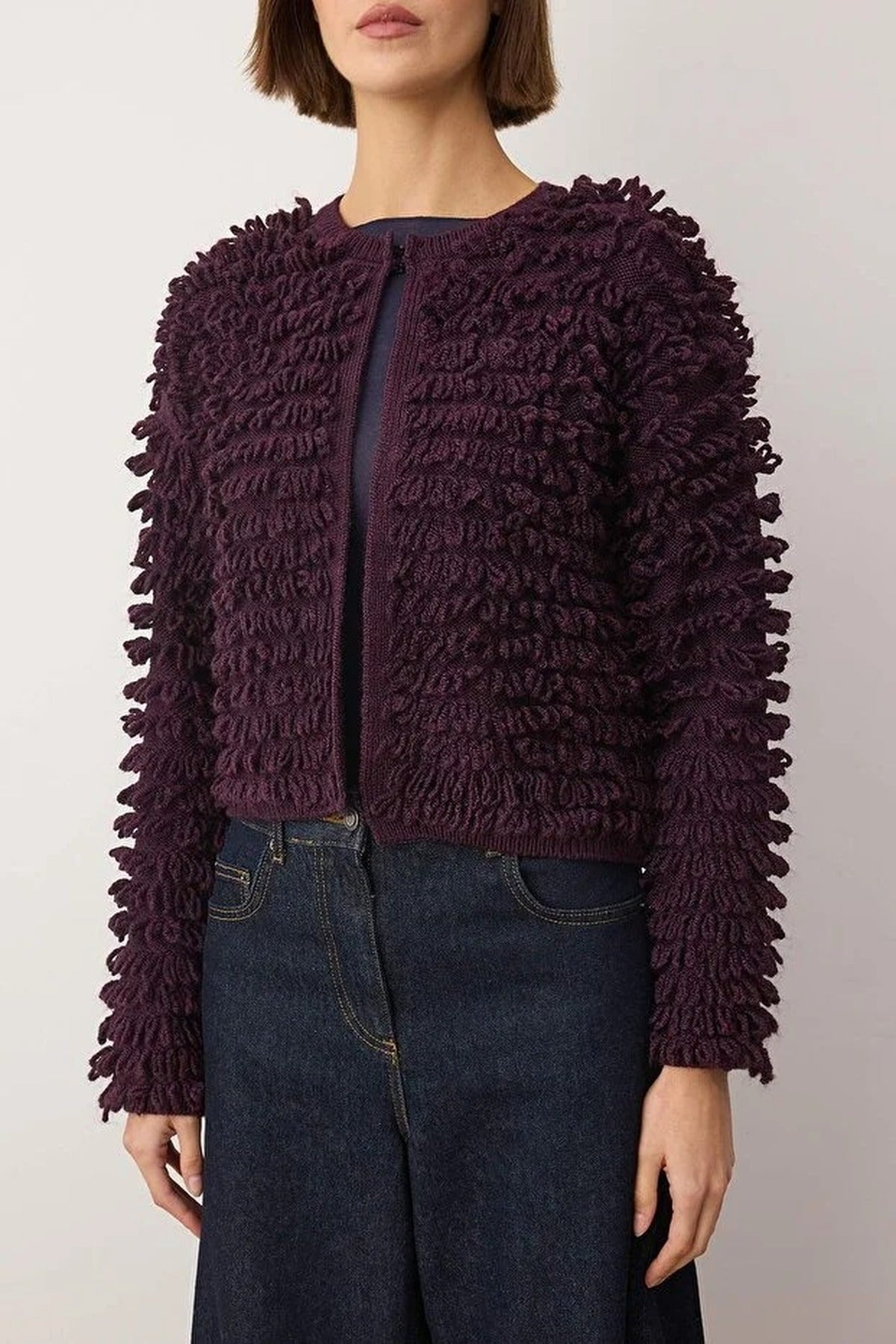 Crew Neck Textured Knit Cardigan