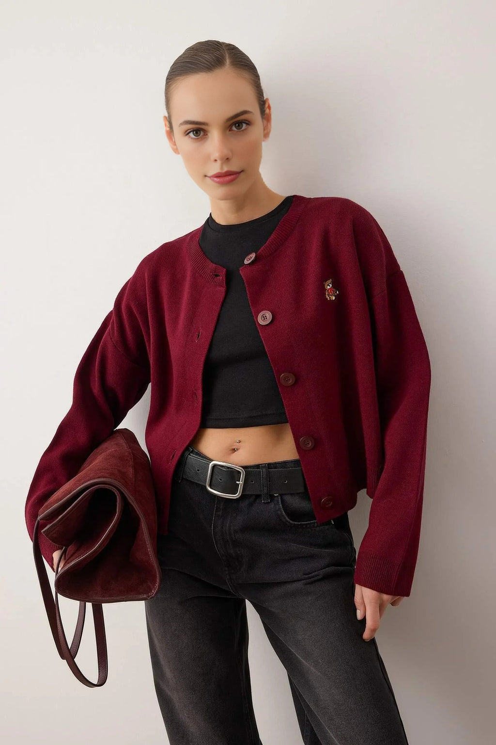 Crew Neck Knit Cardigan with Teddy Bear Embroidery