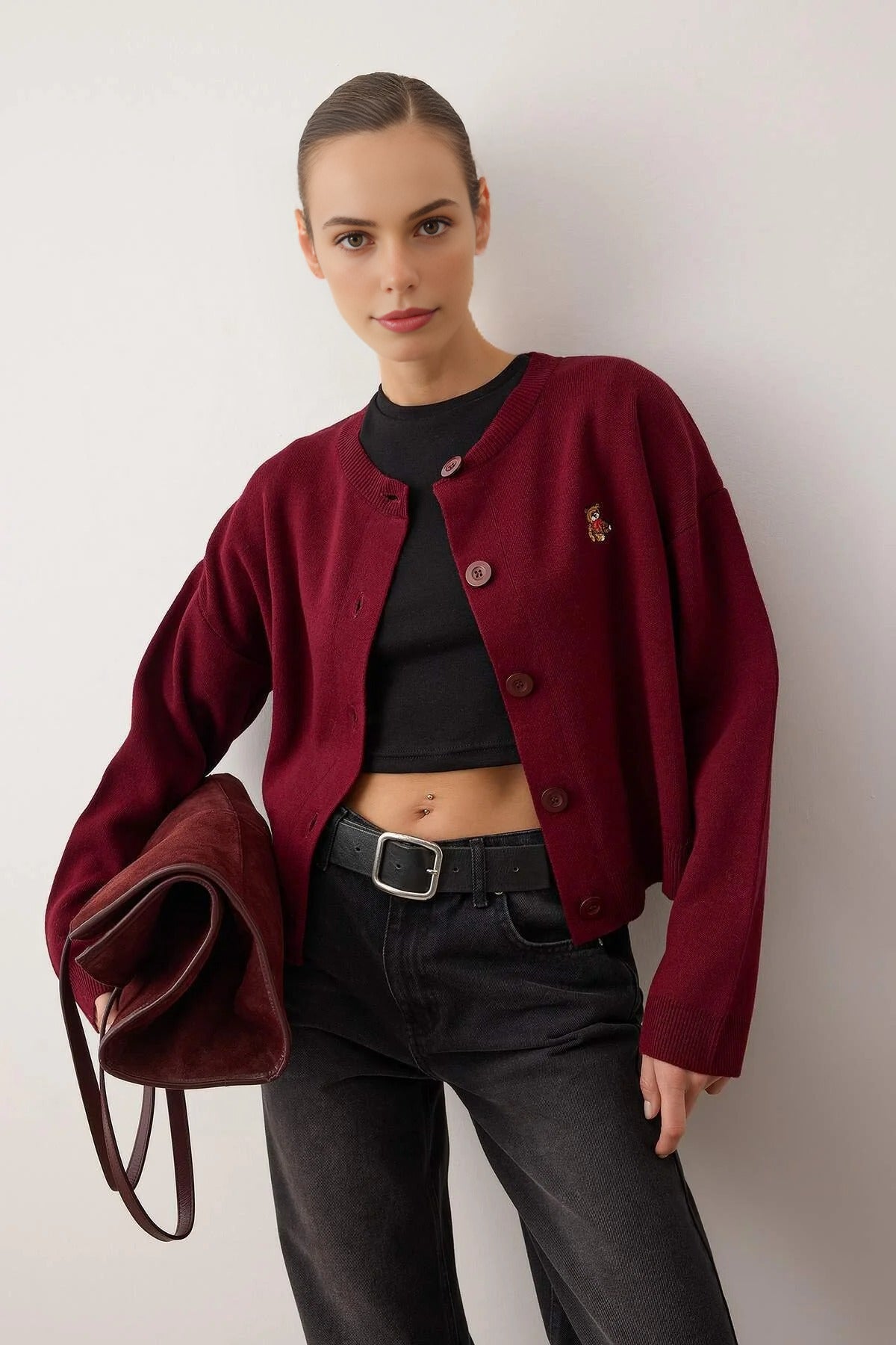 Crew Neck Knit Cardigan with Teddy Bear Embroidery