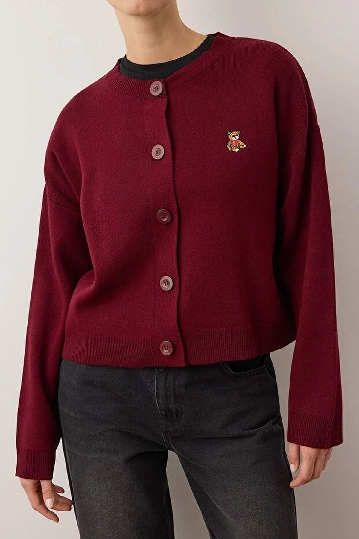 Crew Neck Knit Cardigan with Teddy Bear Embroidery