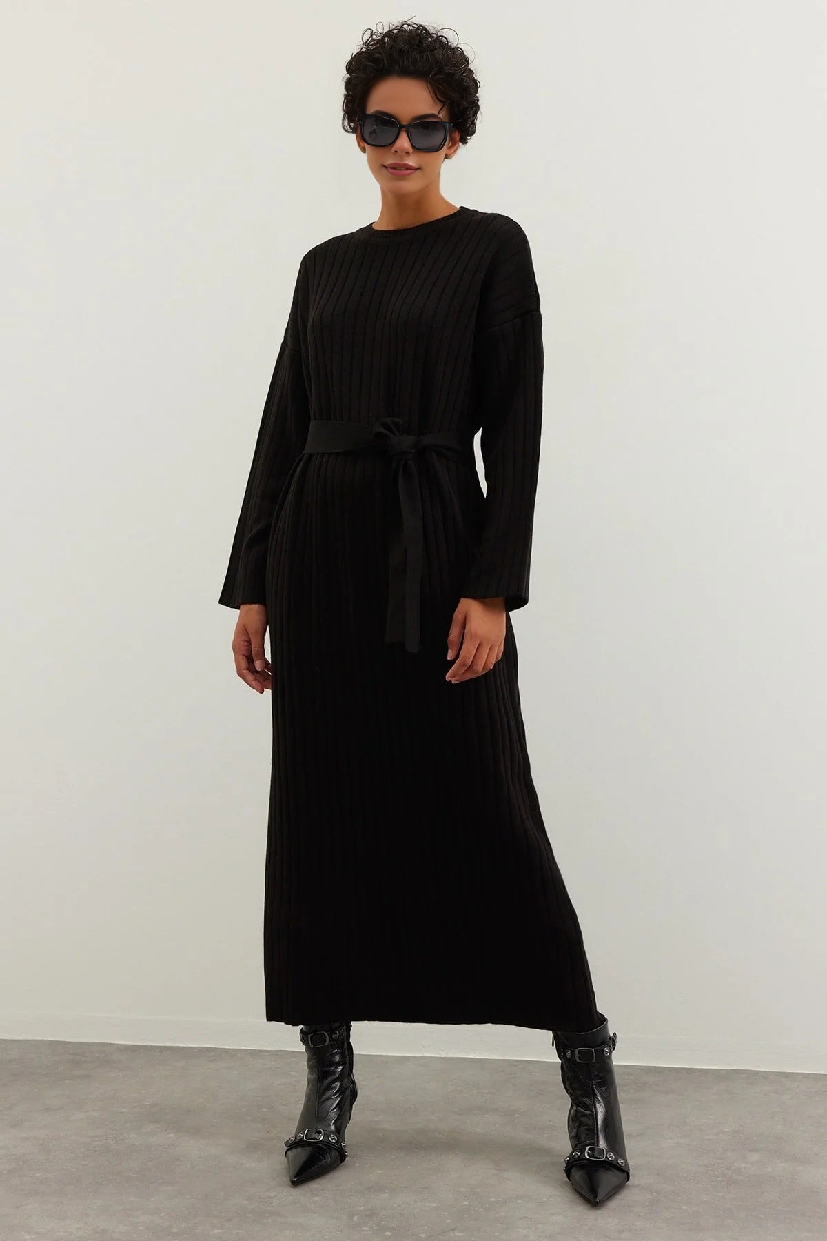Ribbed Knitted Dress with Belt Detail