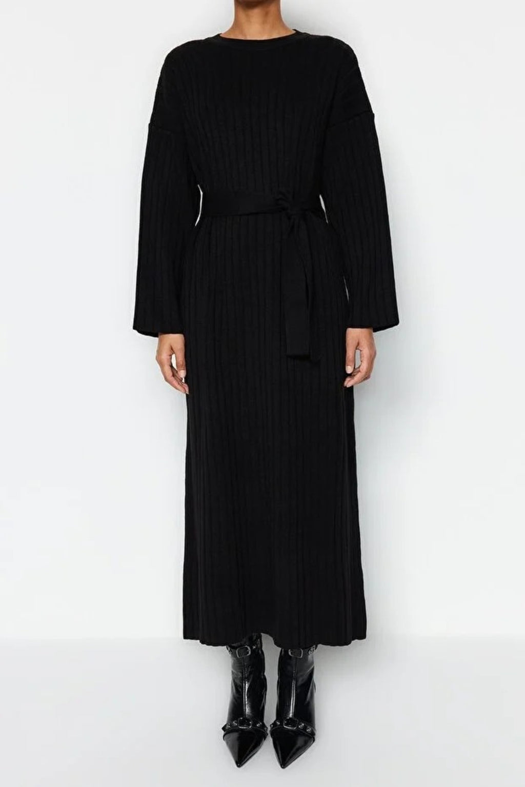 Ribbed Knitted Dress with Belt Detail