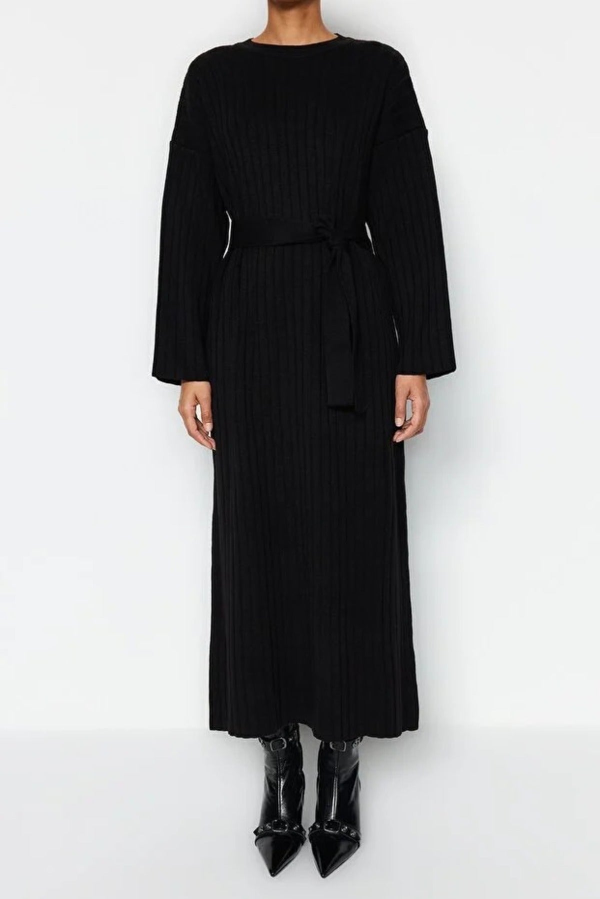 Ribbed Knitted Dress with Belt Detail
