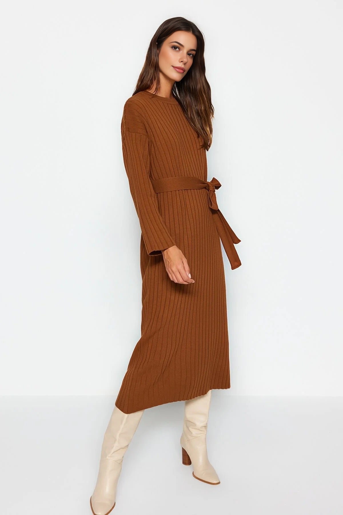 Ribbed Knitted Dress with Belt Detail