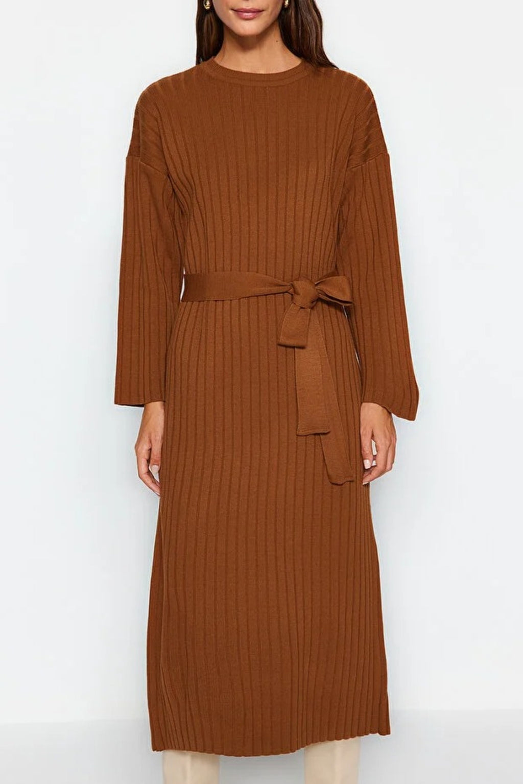 Ribbed Knitted Dress with Belt Detail