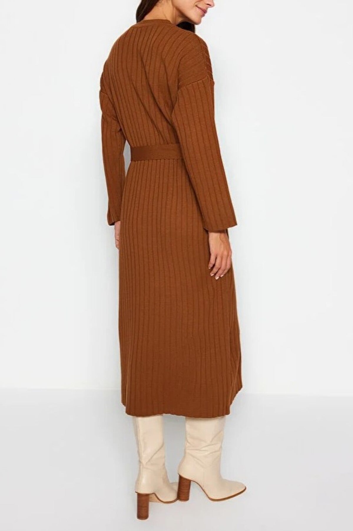 Ribbed Knitted Dress with Belt Detail