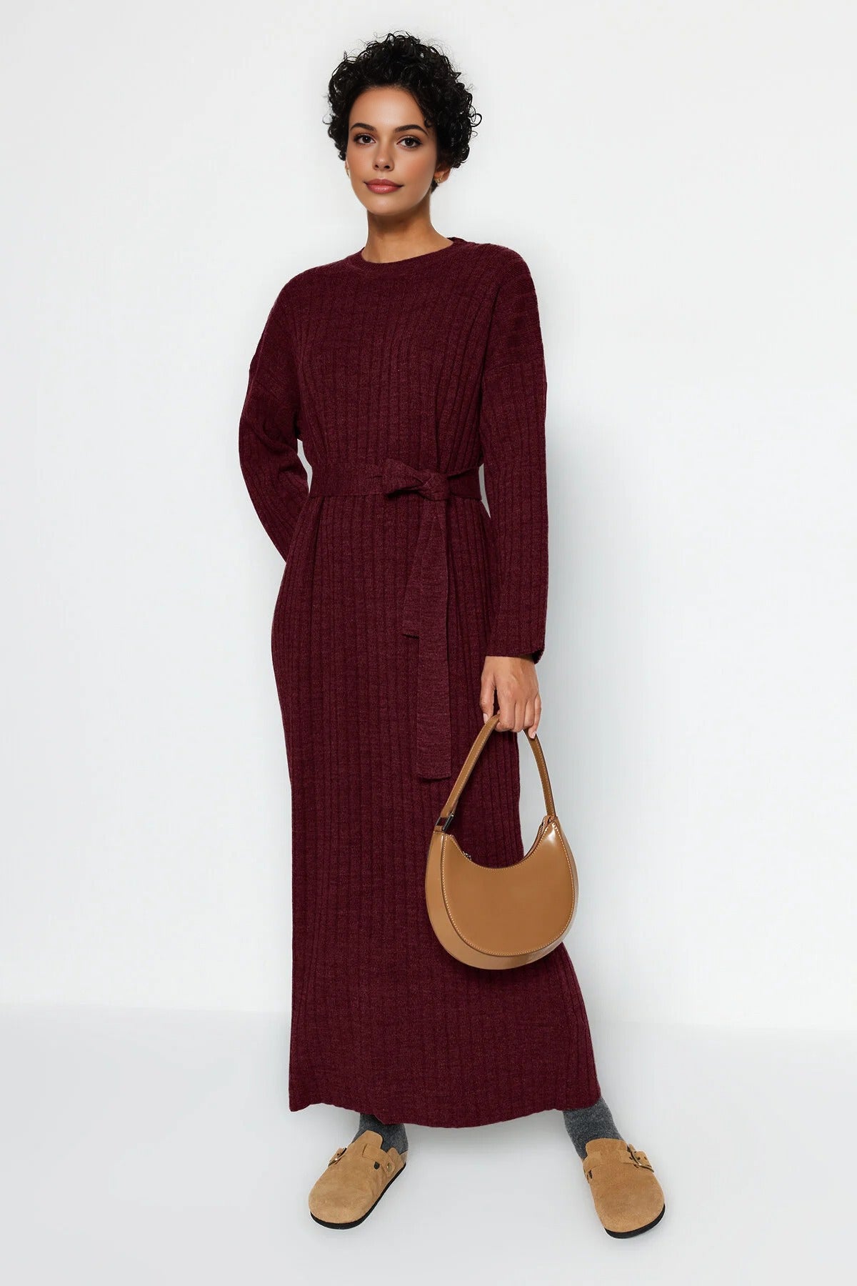 Ribbed Knitted Dress with Belt Detail