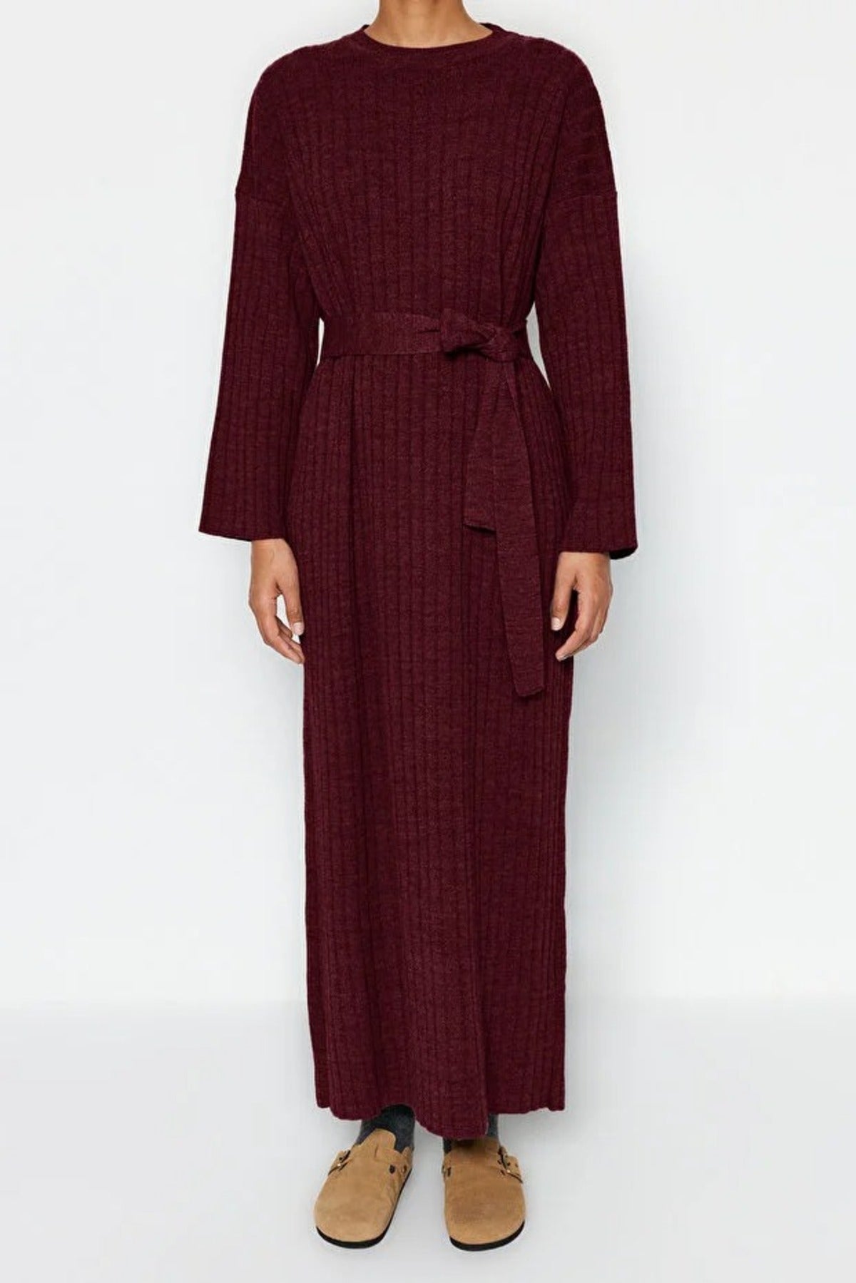 Ribbed Knitted Dress with Belt Detail