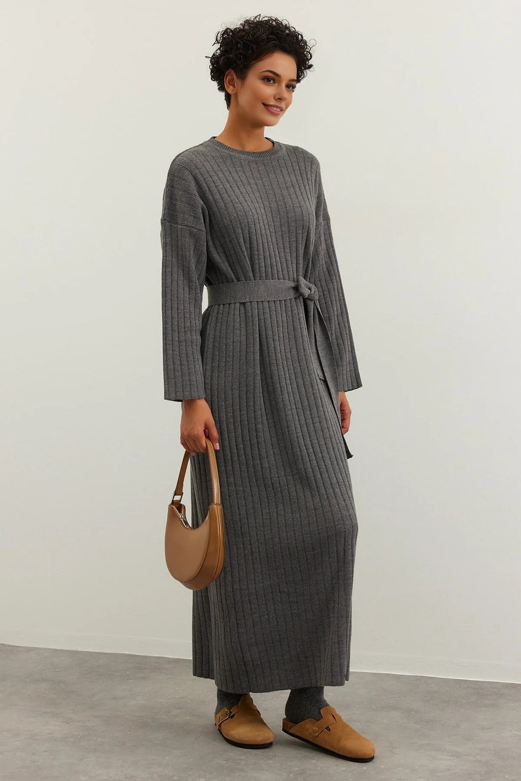 Ribbed Knitted Dress with Belt Detail