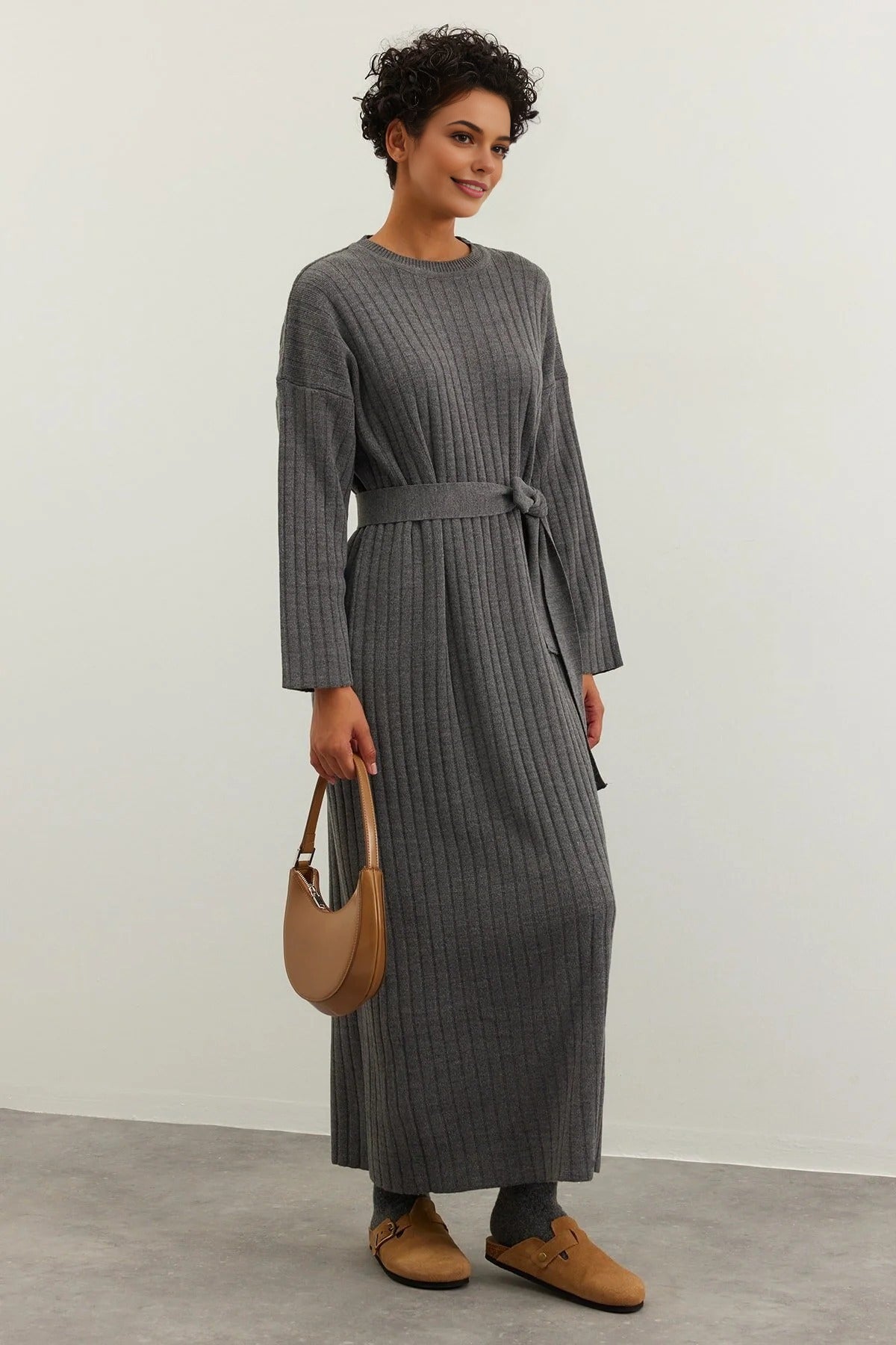 Ribbed Knitted Dress with Belt Detail