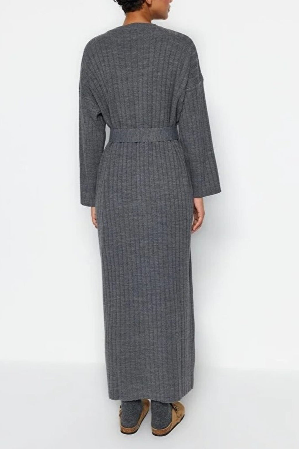 Ribbed Knitted Dress with Belt Detail