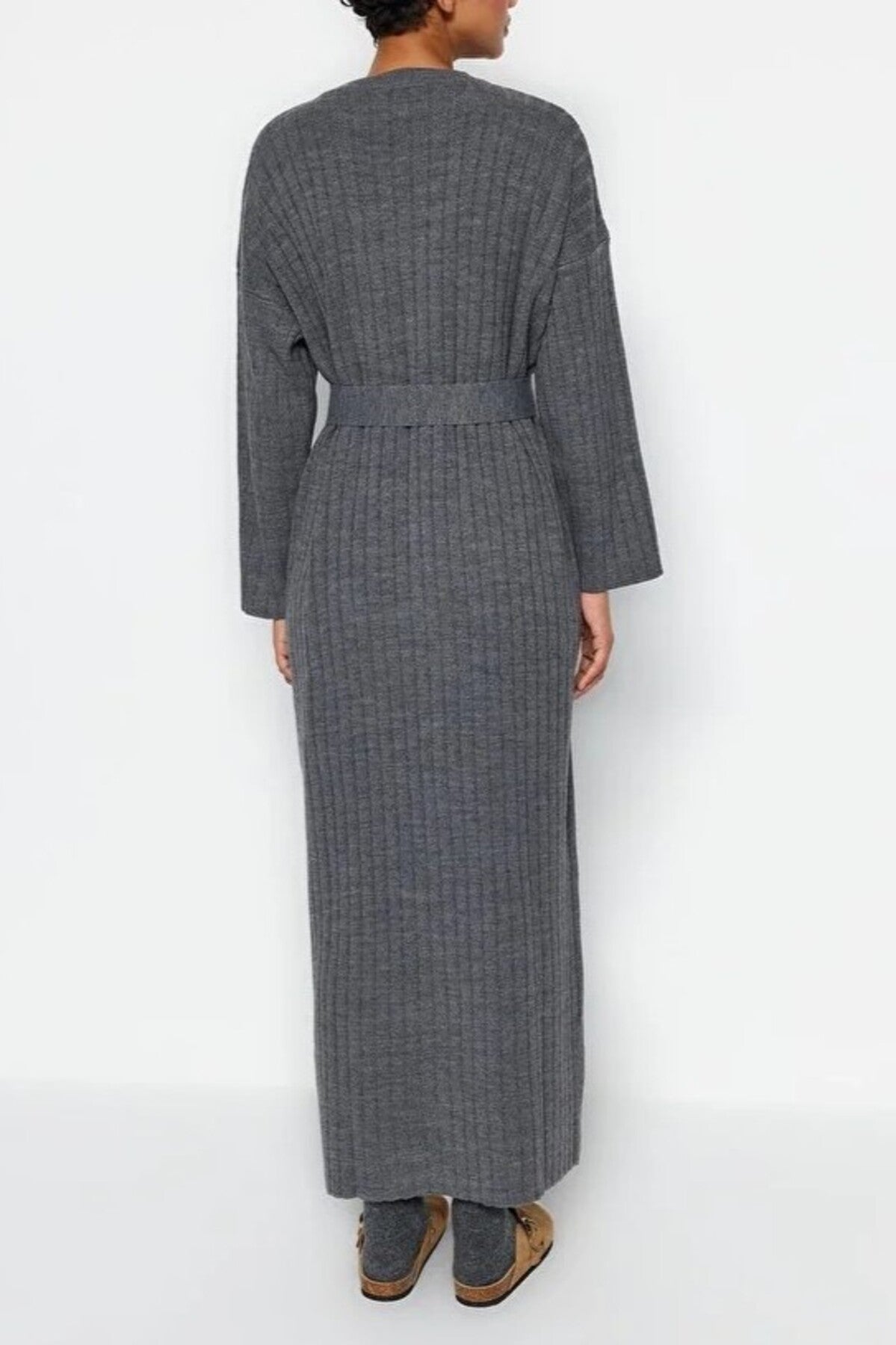 Ribbed Knitted Dress with Belt Detail