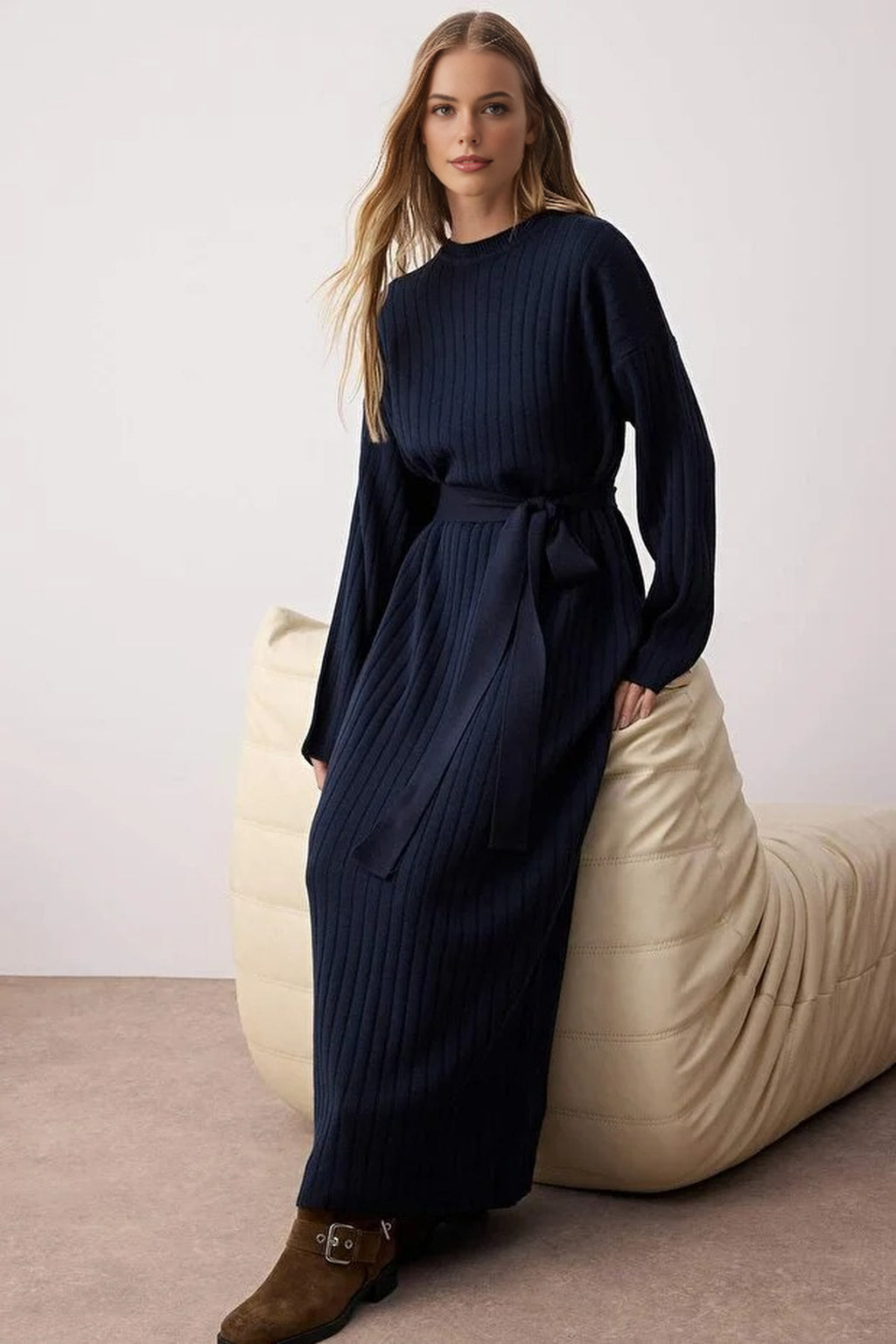 Ribbed Knitted Dress with Belt Detail