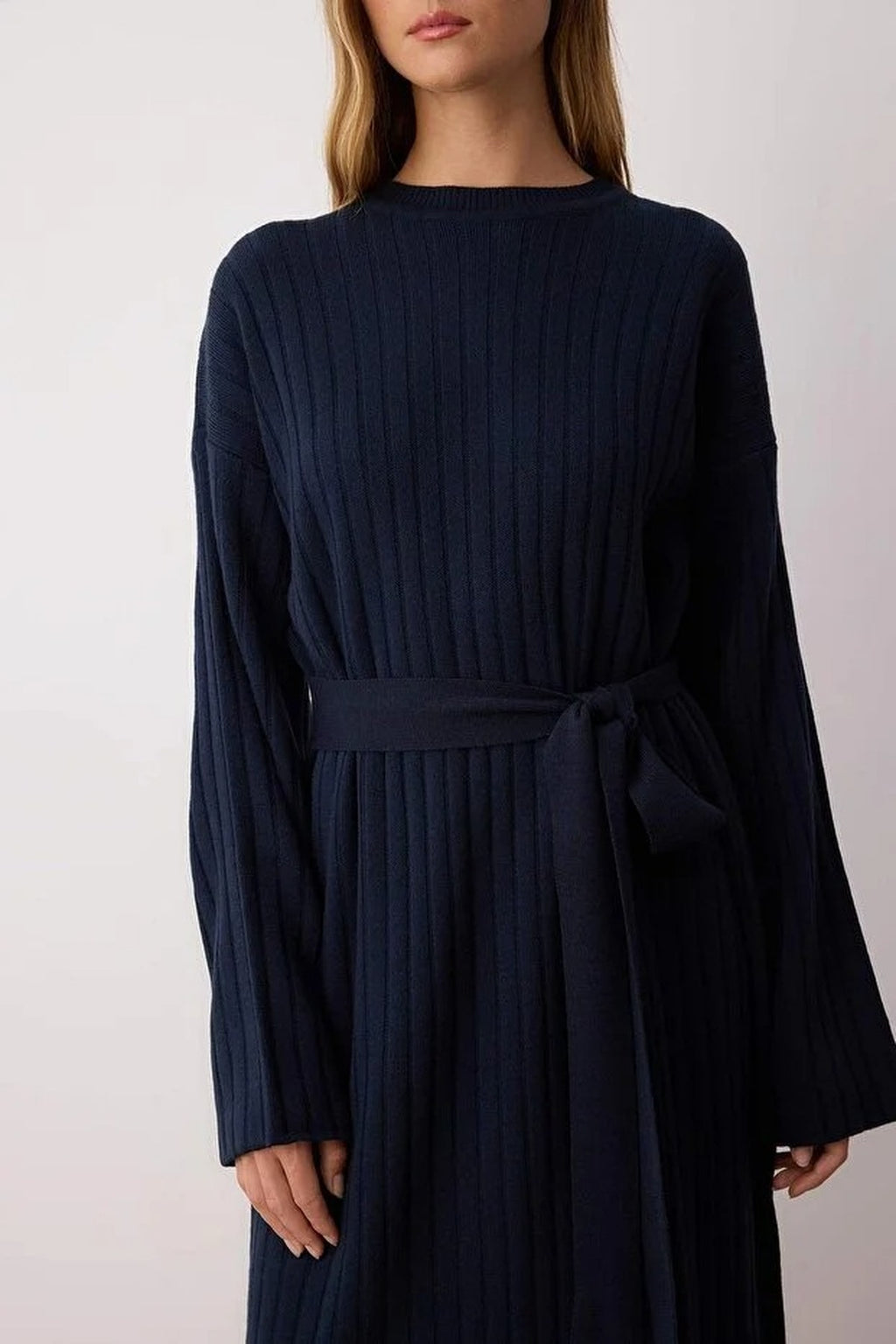 Ribbed Knitted Dress with Belt Detail