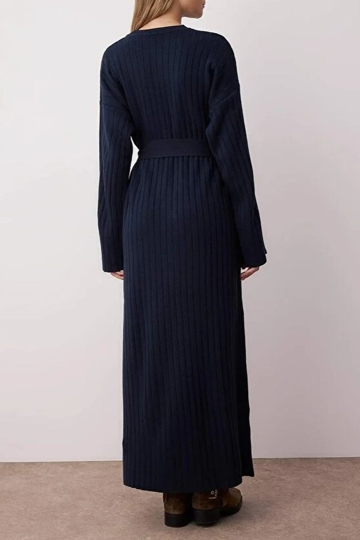 Ribbed Knitted Dress with Belt Detail