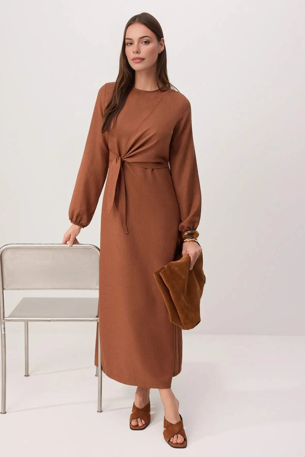 Tie Waist Long Sleeve Maxi Dress