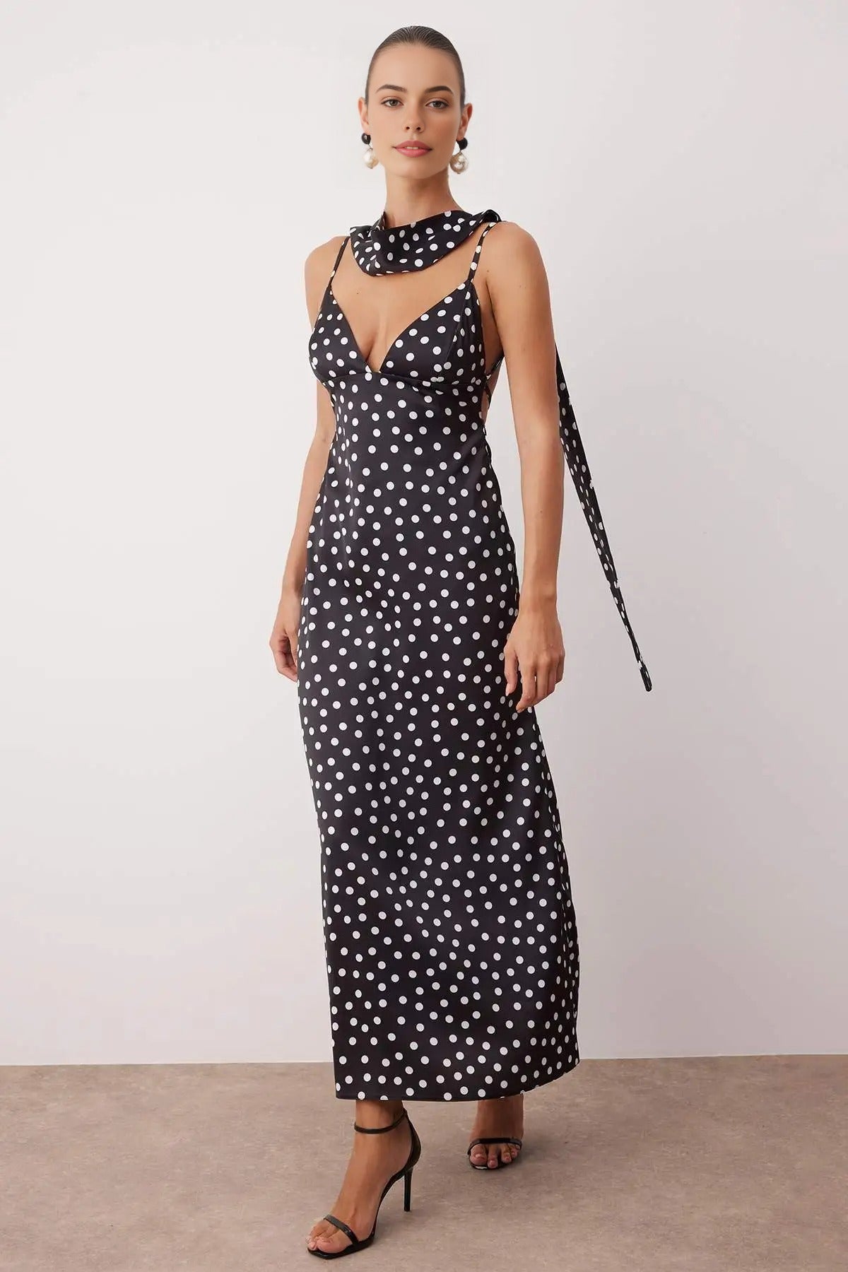Scarf Detail Satin Maxi Dress with Strappy Design