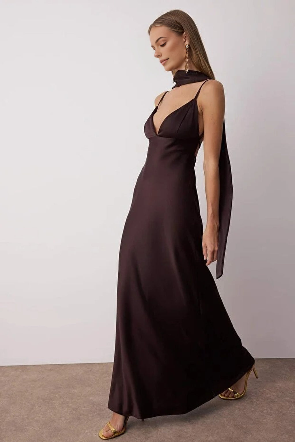 Scarf Detail Satin Maxi Dress with Strappy Design