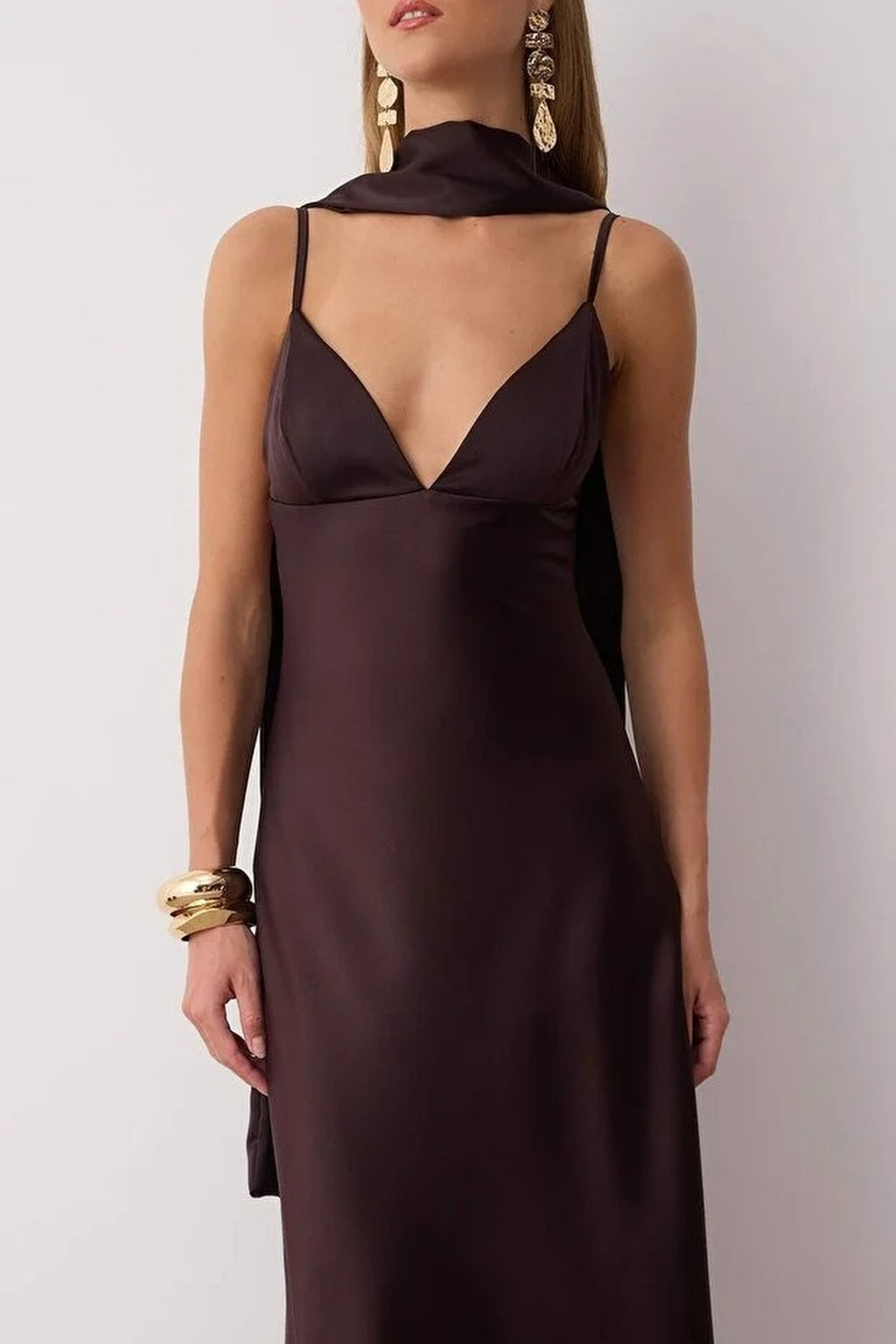 Scarf Detail Satin Maxi Dress with Strappy Design