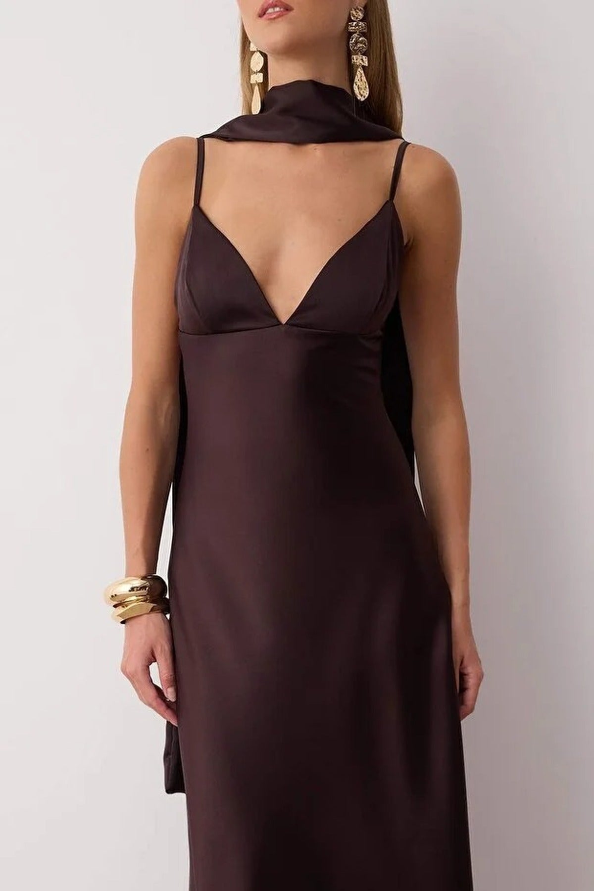 Scarf Detail Satin Maxi Dress with Strappy Design