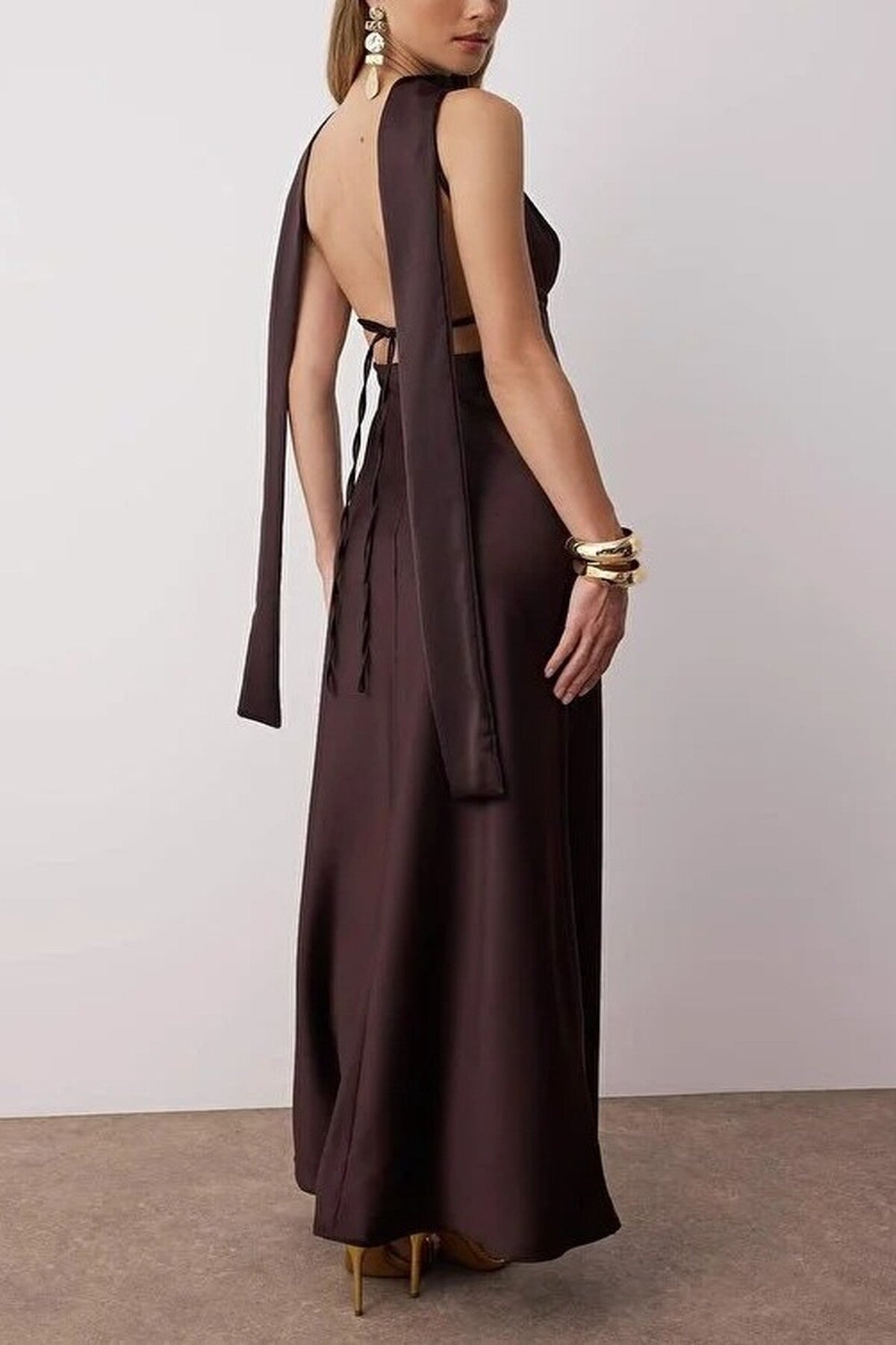 Scarf Detail Satin Maxi Dress with Strappy Design