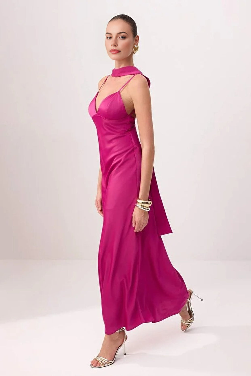 Scarf Detail Satin Maxi Dress with Strappy Design