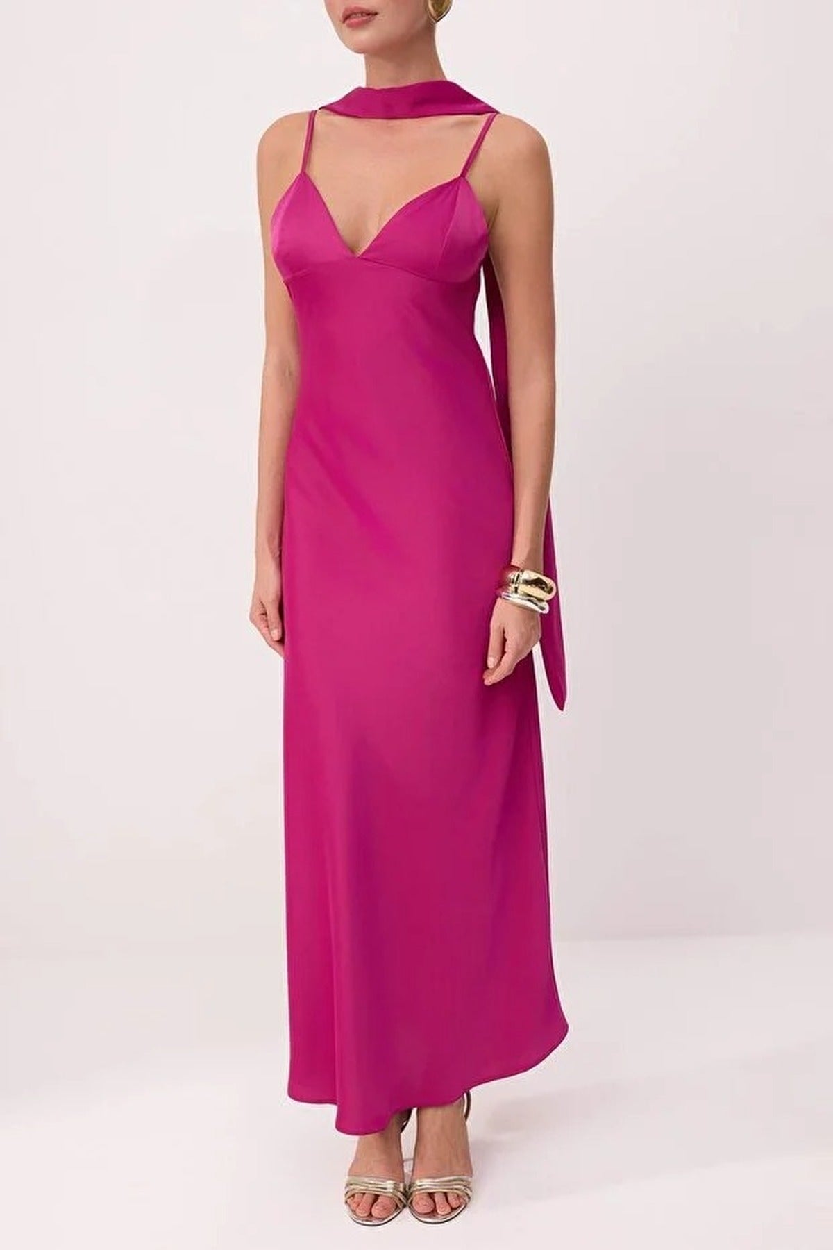 Scarf Detail Satin Maxi Dress with Strappy Design