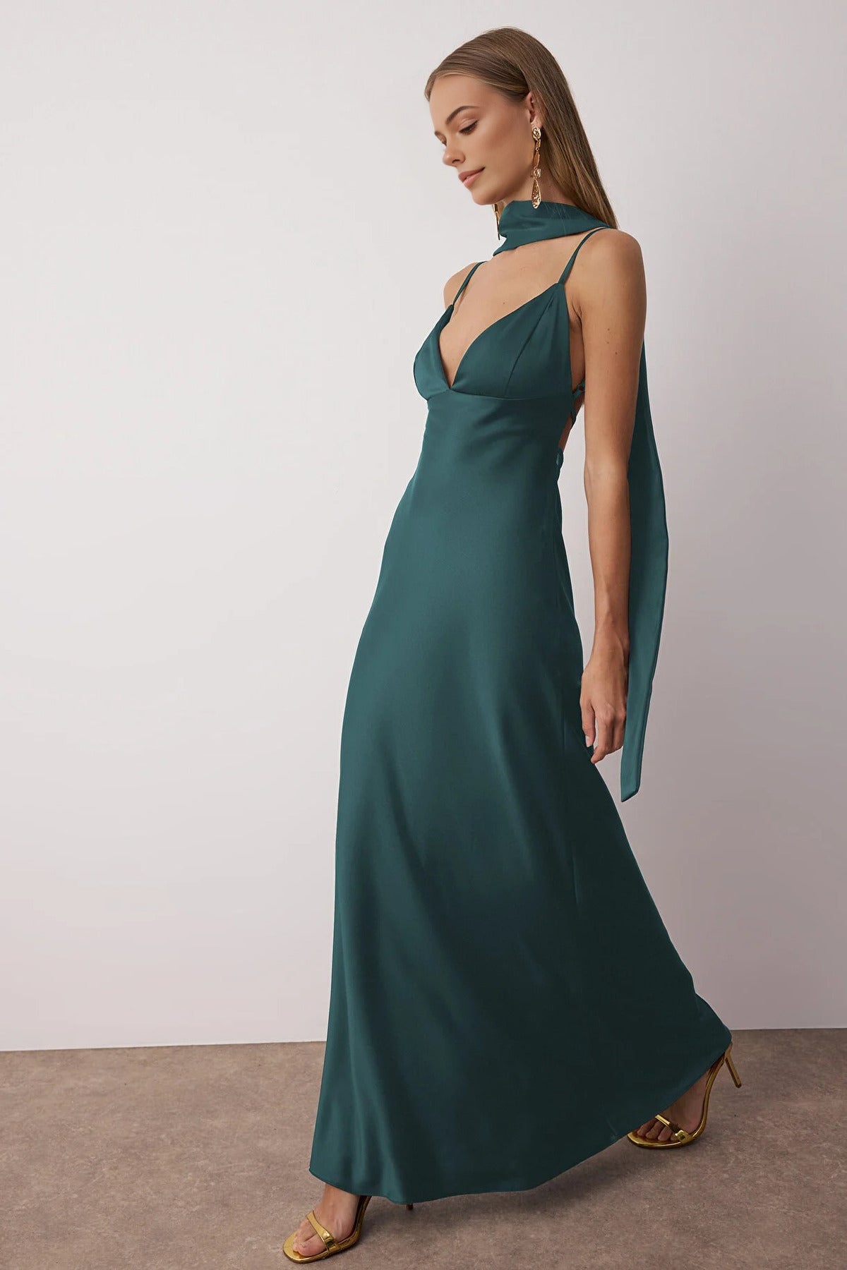 Scarf Detail Satin Maxi Dress with Strappy Design