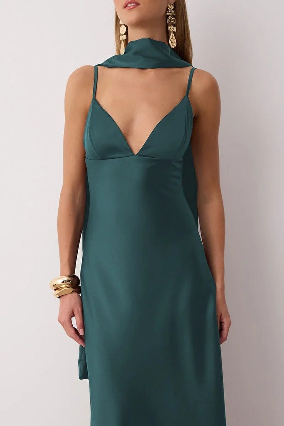 Scarf Detail Satin Maxi Dress with Strappy Design