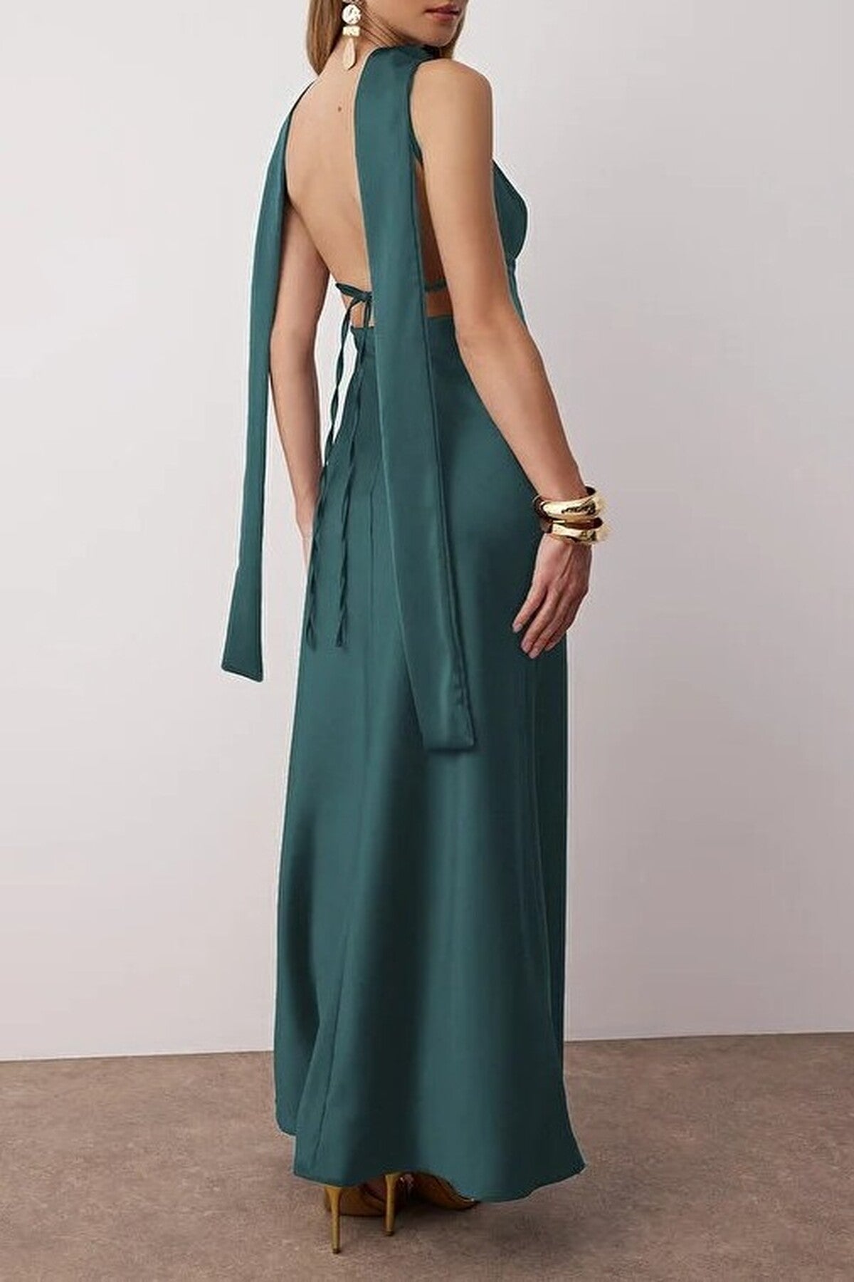 Scarf Detail Satin Maxi Dress with Strappy Design