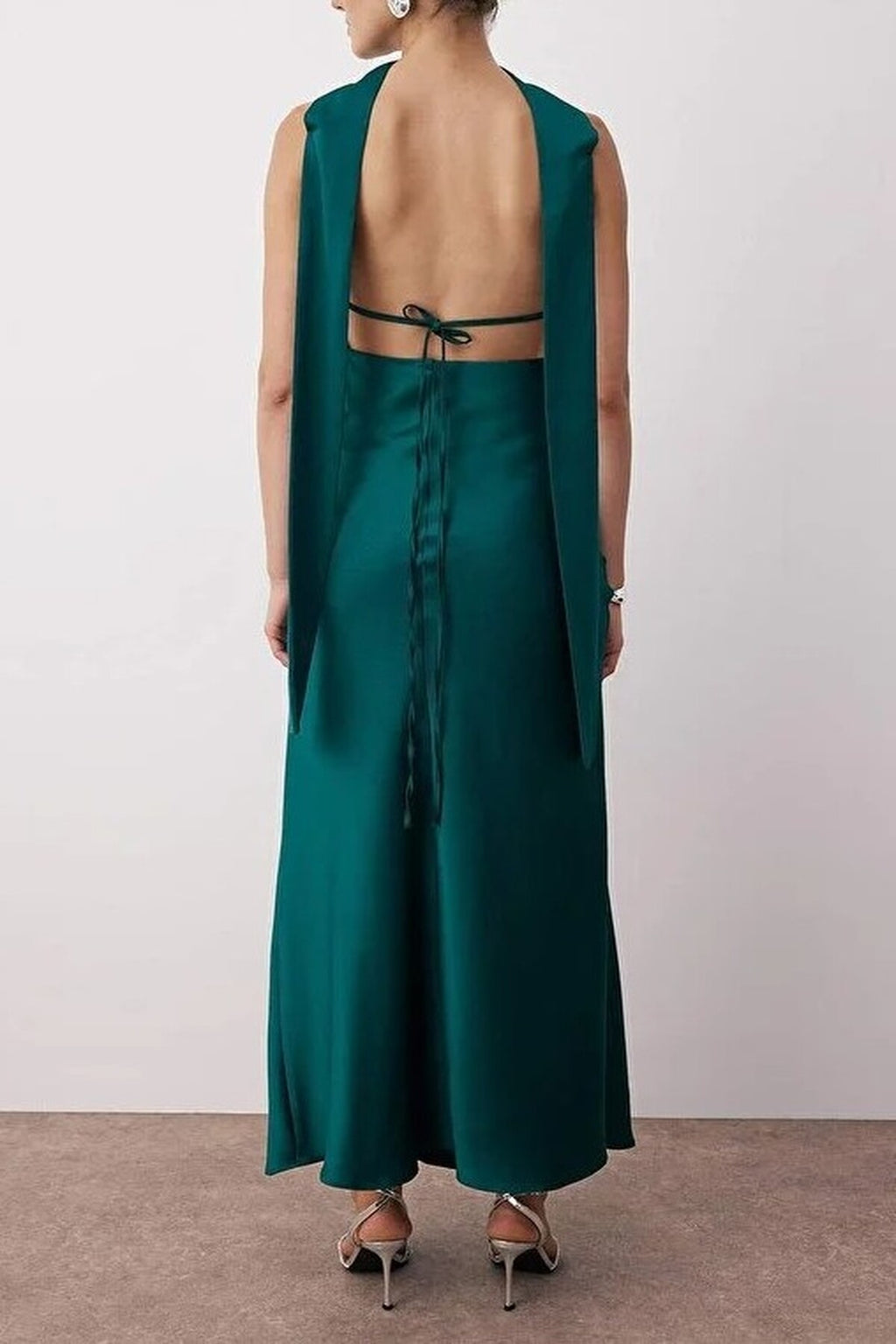 Scarf Detail Satin Maxi Dress with Strappy Design