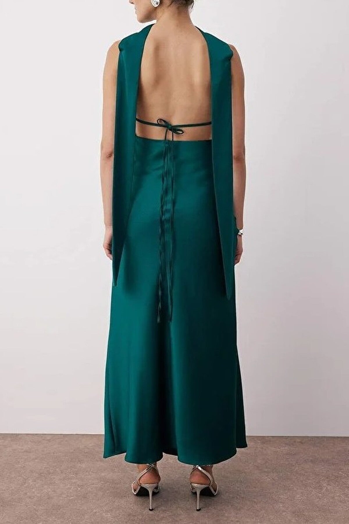 Scarf Detail Satin Maxi Dress with Strappy Design