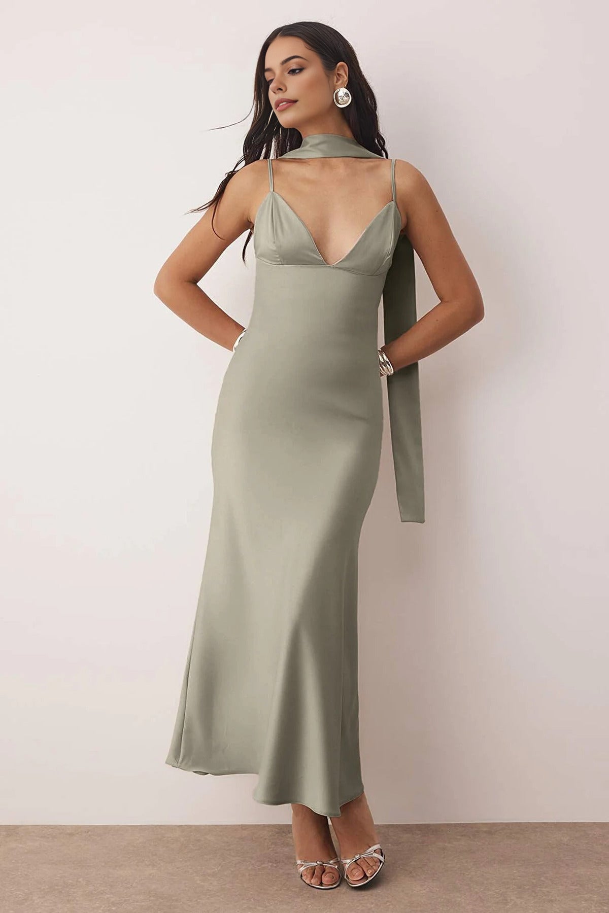Scarf Detail Satin Maxi Dress with Strappy Design